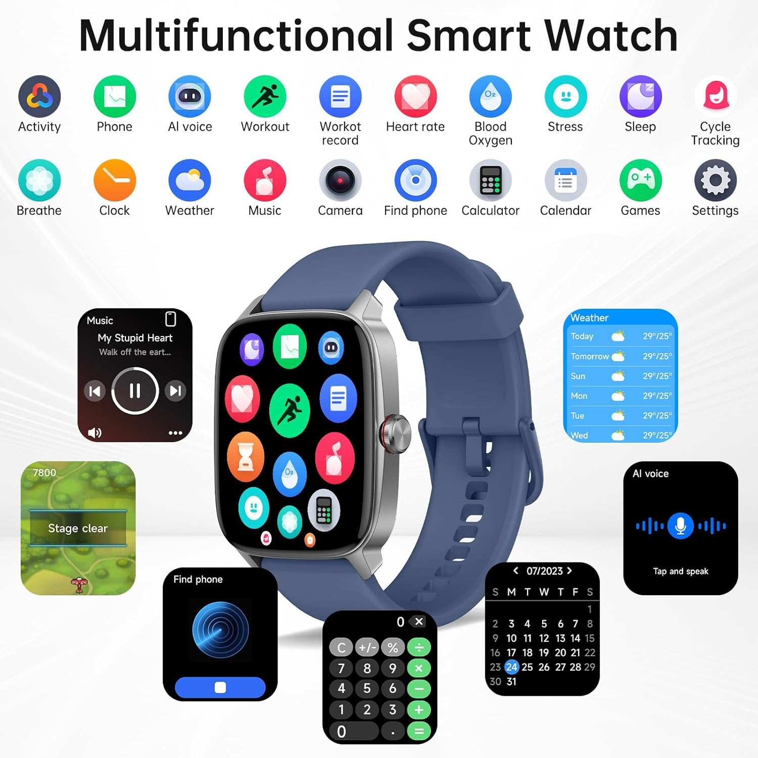 Smart Watch for Men Women with Bluetooth Call & AI Voice, 1.85" HD Fitness Tracker with Heart Rate Spo2 Sleep Monitor, 100+ Sports Modes, Mini Games, IP68 Waterproof Smartwatch for Android Ios Phones image number 3