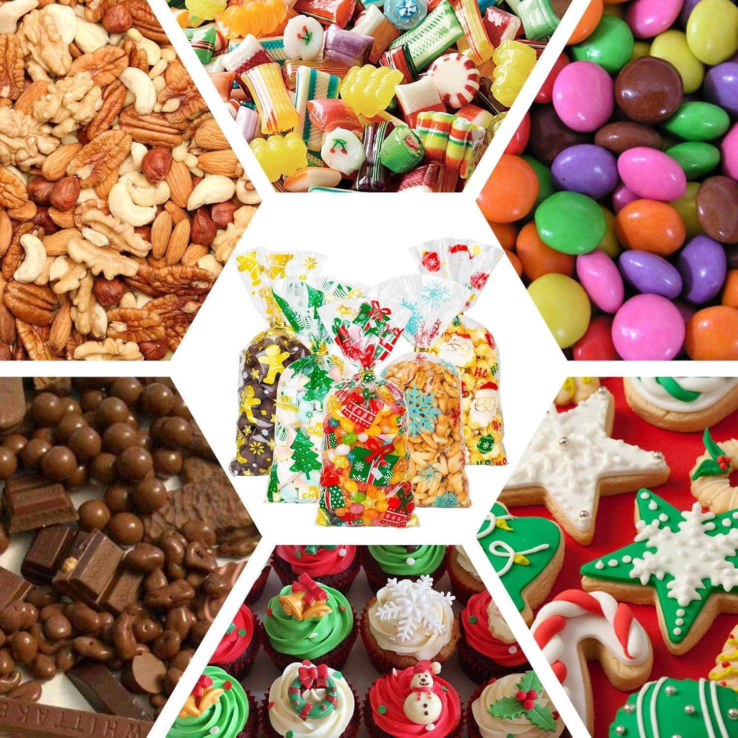 Xmas Candy Bags with Twist Tie, 10 Styles Christmas Cellophane Candy Bags, 100 Pcs Twist Ties for Cookie Goodies Gift Present Wrap Xmas Party Favor Supplies 5 Styles image number 6