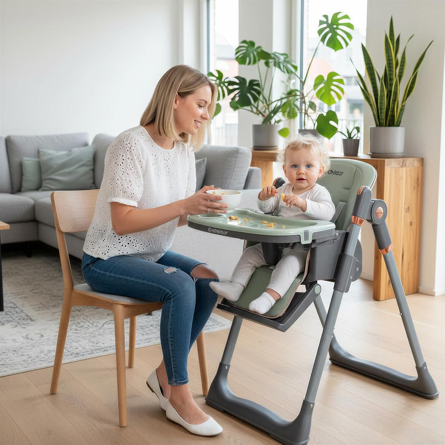 Baby High Chair | 3-In-1 Foldable Toddler High Chair with 5-Point Harness, Double Tray, and Adjustable Footrest, Green image number 4