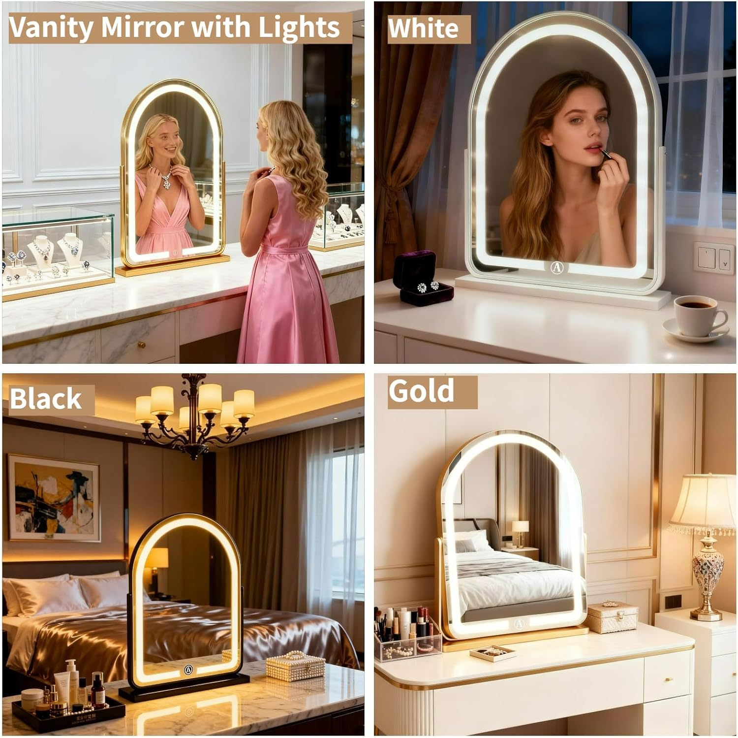 GDJIAYIYI Arched LED Vanity Mirror,Makeup Mirror with Lights,Tabletop Makeup Mirror,Touch Switch Adjustable Brightness, 360&deg; Rotation, 3-Color Light Countertop Vanity Mirror (White,44 * 32Cm) image number 4