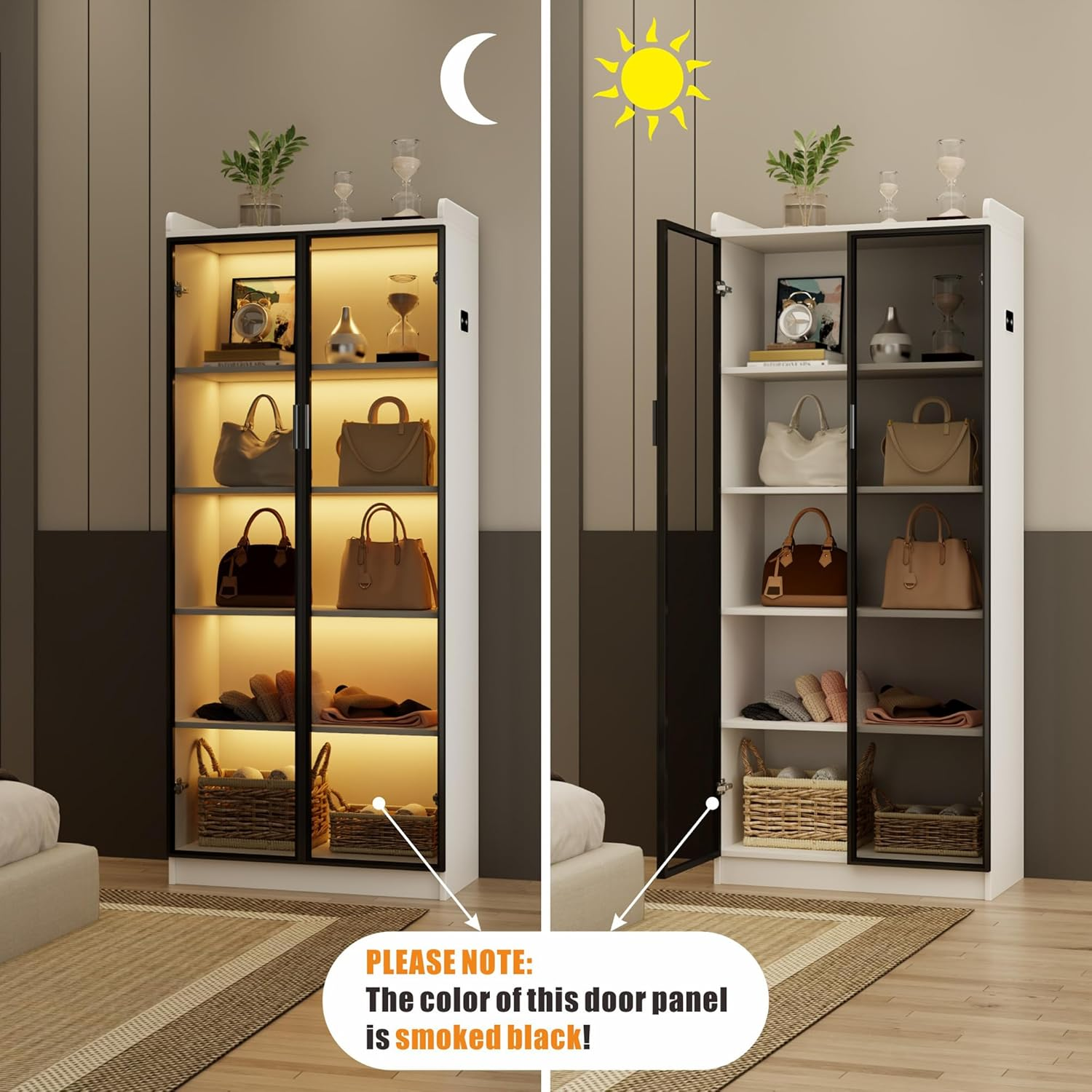 Dystler Bookcase with 2 Doors & Adjustable Shelves, Tall Storage Cabinet with LED Light/Body Sensor, 5 Tier Display Cabinet for Bedroom Living Room Office, White image number 5