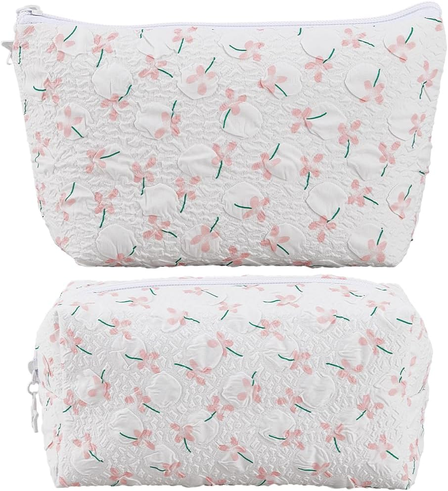 CABODYALS 2 Pieces 2 Styles Flowers Travel Cosmetic Bags Set White Quilted with Zip Make up Bags Cute Flowers Portable Storage Toiletries Organiser Make up Fabric Bag Bulk Pack - Blue image number 6