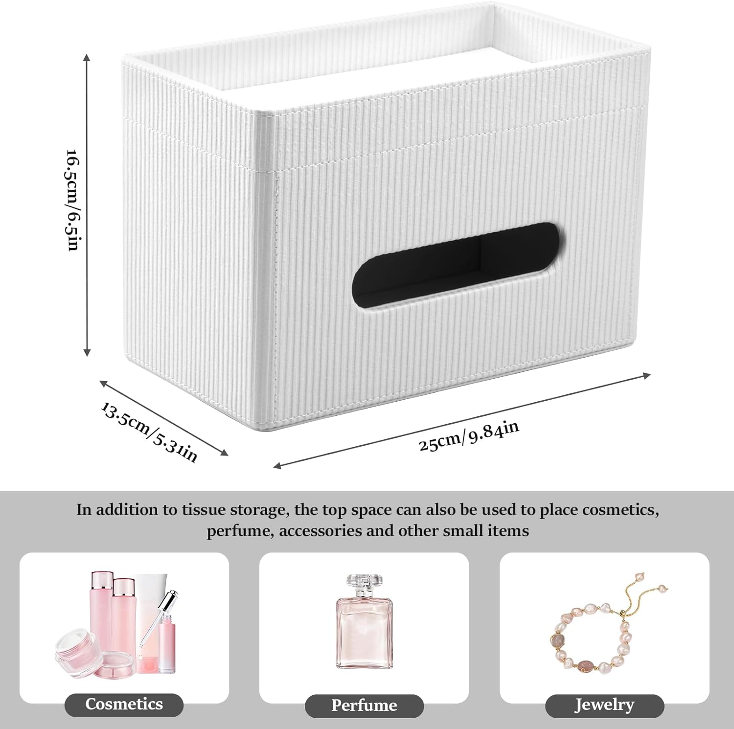 Tissue Box Cover, Rectangular Tissue Box Holder with Storage Tray, PU Leather Facial Paper Organizer, Stylish Napkin Dispenser for Desk Countertop Office Bathroom (White) - White image number 2
