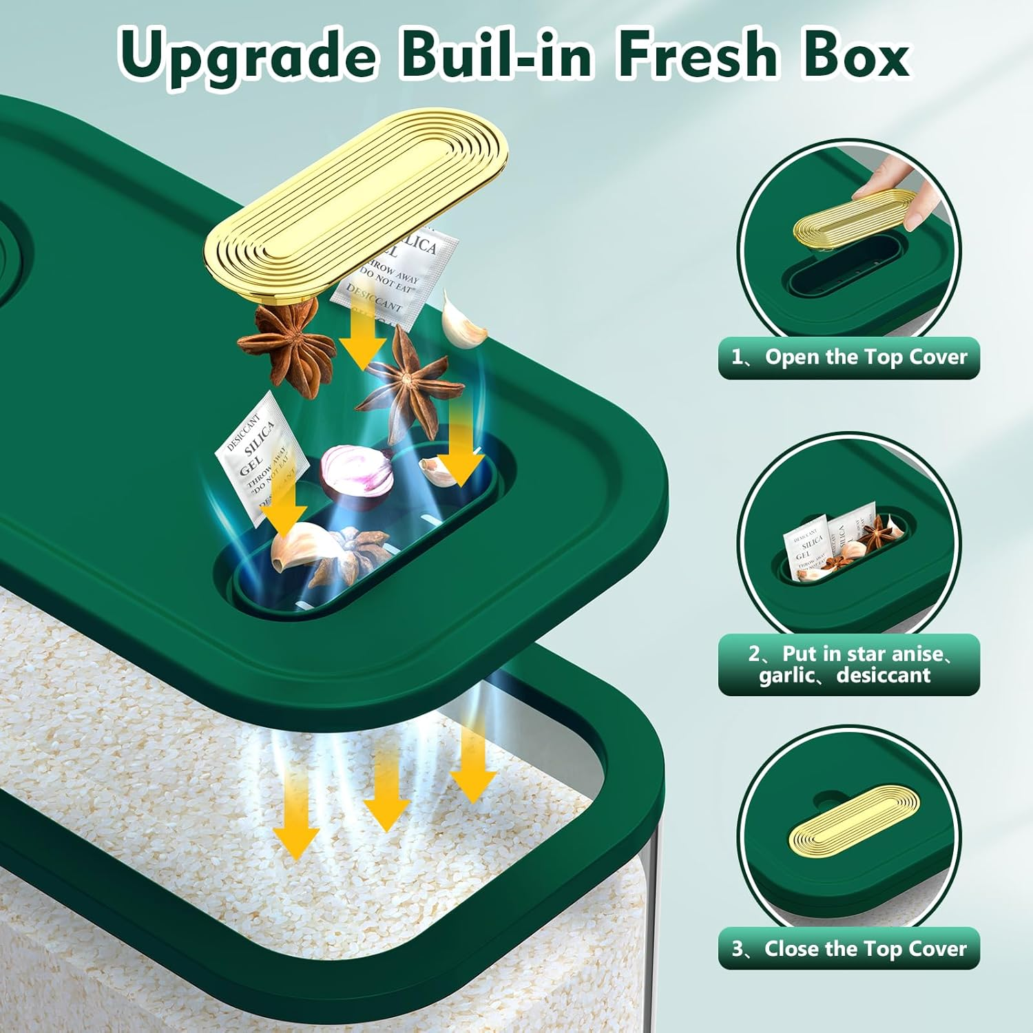 Lenwi 22 Lbs Rice Dispenser, Large Dry Food Storage Container with Measuring Cup & Time Scale, Food Dispenser Kitchen Organization and Pantry Store for Cereal Dry Food (Green) - Blue image number 7