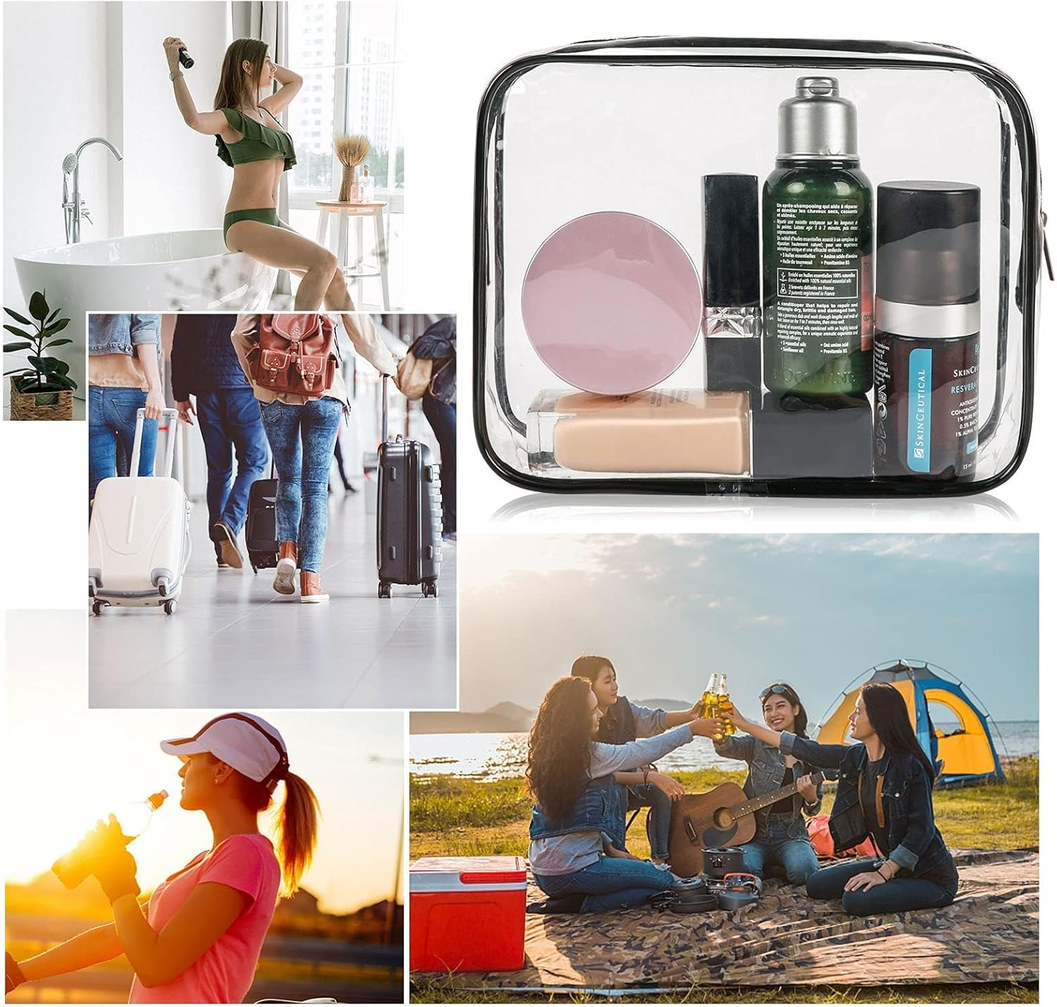 Clear Makeup Bags, 3 Pcs Cosmetic Makeup Bags Set Clear PVC with Zipper Handle Portable Travel Luggage Pouch Airport Airline Vacation Organization (Black) image number 4