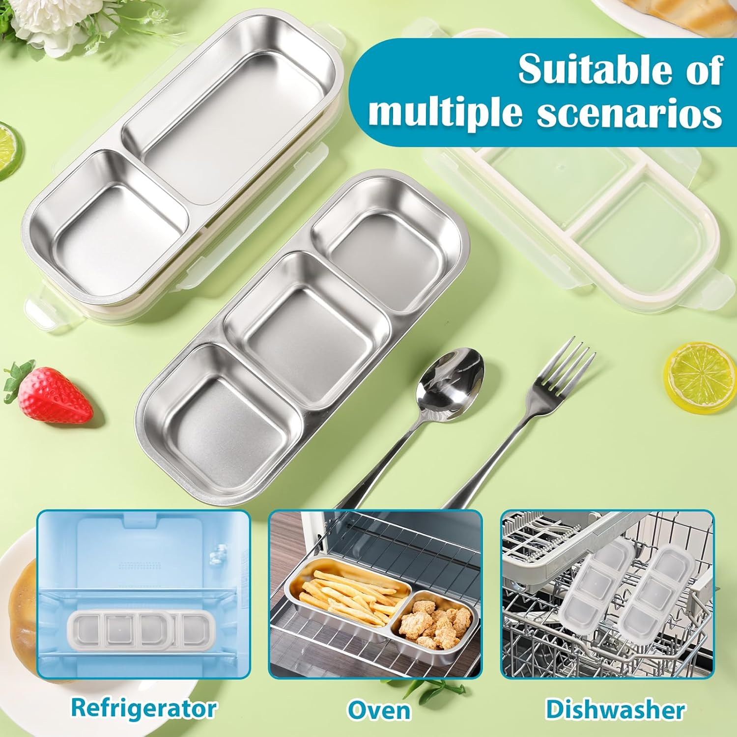 2 Pcs Stainless Steel Snack with Lid, 600/700Ml Leak Proof Crisper Compartment Box Reusable Snack Pack Container with Fork Spoon Utensil Organizer for Home Office Traveling