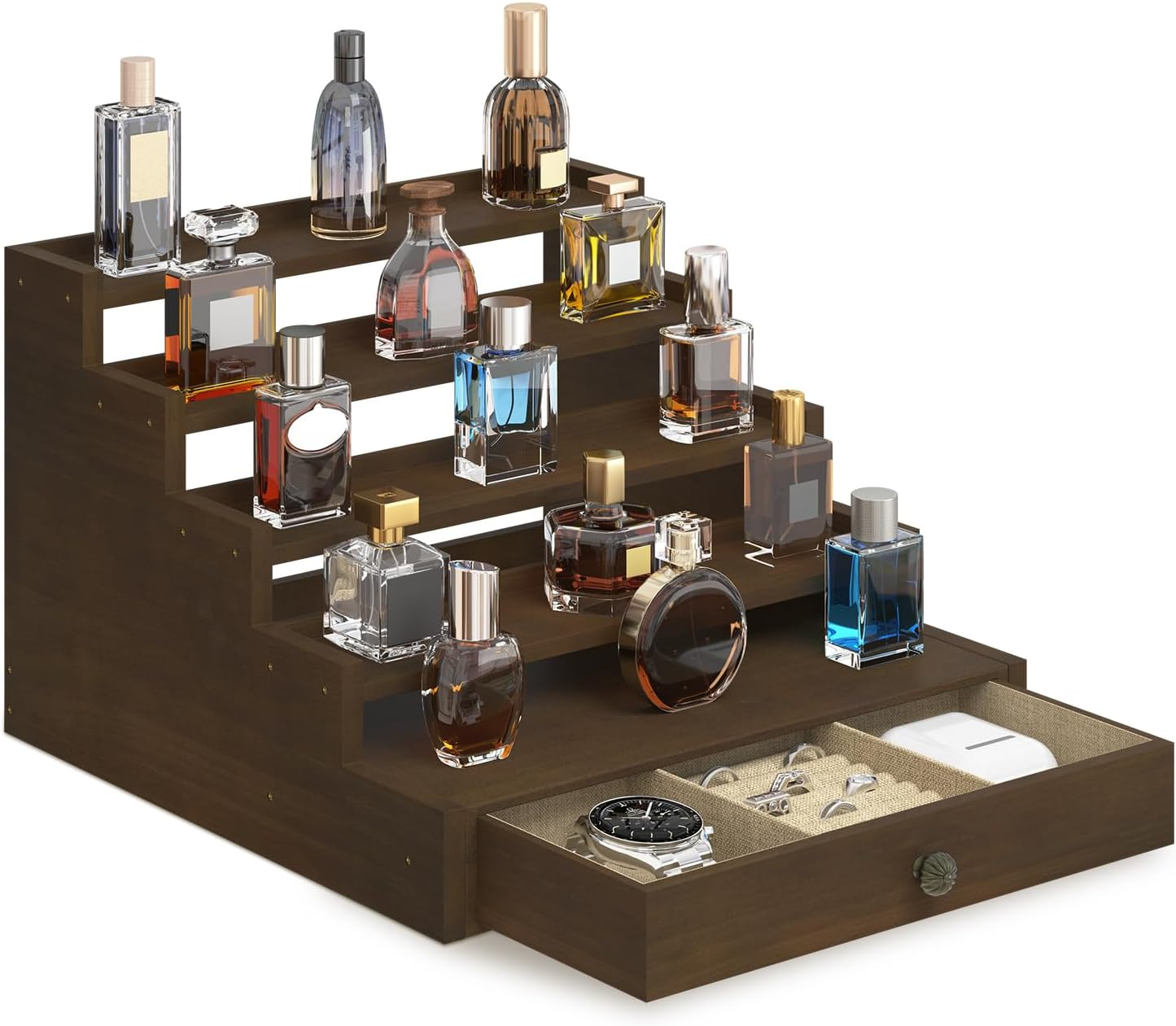 Esluker.Ly Perfume Organizer Cologne Holder Stand for Men, Wooden Cologne Display Shelf for Bedroom Dresser Countertop, 5 Tier Large Capacity Storage Rack with Drawer, Keep Fragrance Neat & Accessible