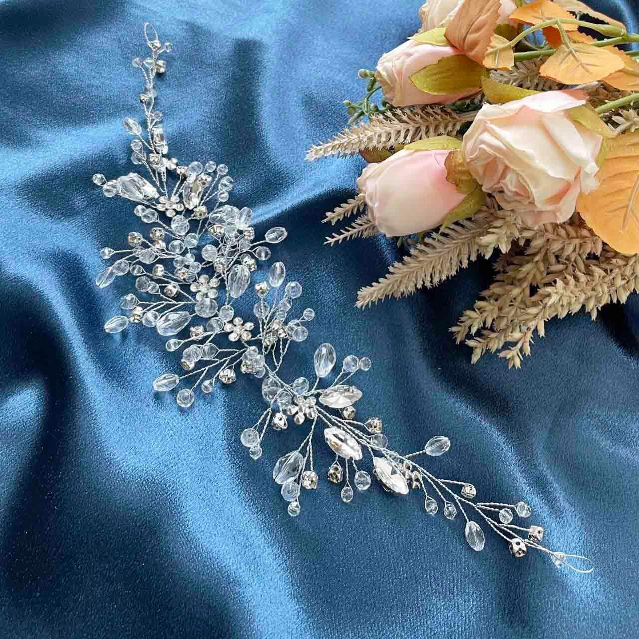 Resweky Bride Wedding Flower Hair Vine Silver Rhinestone Crystal Bridal Hair Pieces Beads Wedding Hair Band Accessories for Women Girls image number 5