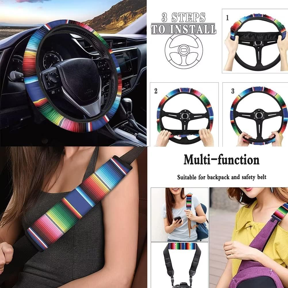 Wideasale Mexican Blanket Serape Stripe Pattern Colorful 12 Pcs Set Car Accessories Universal Fit Full Seat Cover+Steering Wheel Covers+Keychain+Lipstick Holder+Coaster Auto Interior Protector image number 3