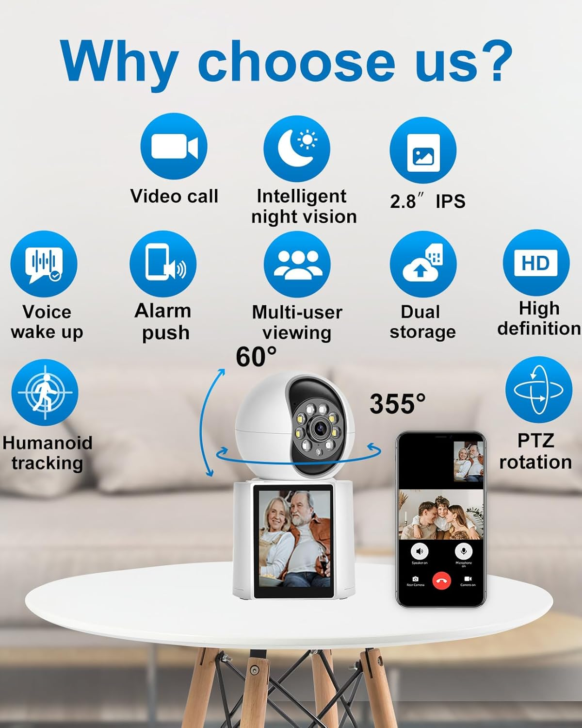 INSEETECH 2K Indoor Video Calling Camera with 2.8" IPS Screen, Two-Way, One-Button Call, Baby/Elder/Dog Monitor, Human/Sound/Crying Detection, Color/Ir Night Vision, App Control image number 1