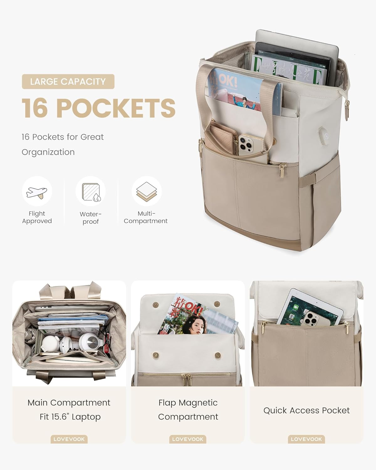 LOVEVOOK Backpack Womens, 15.6 Inch Laptop Rucksack Bag for Ladies, Waterproof Daypacks for Office Teacher Nurse, Fashion School Bags with USB Port for Work University Travel Business - Beige  Khaki image number 2