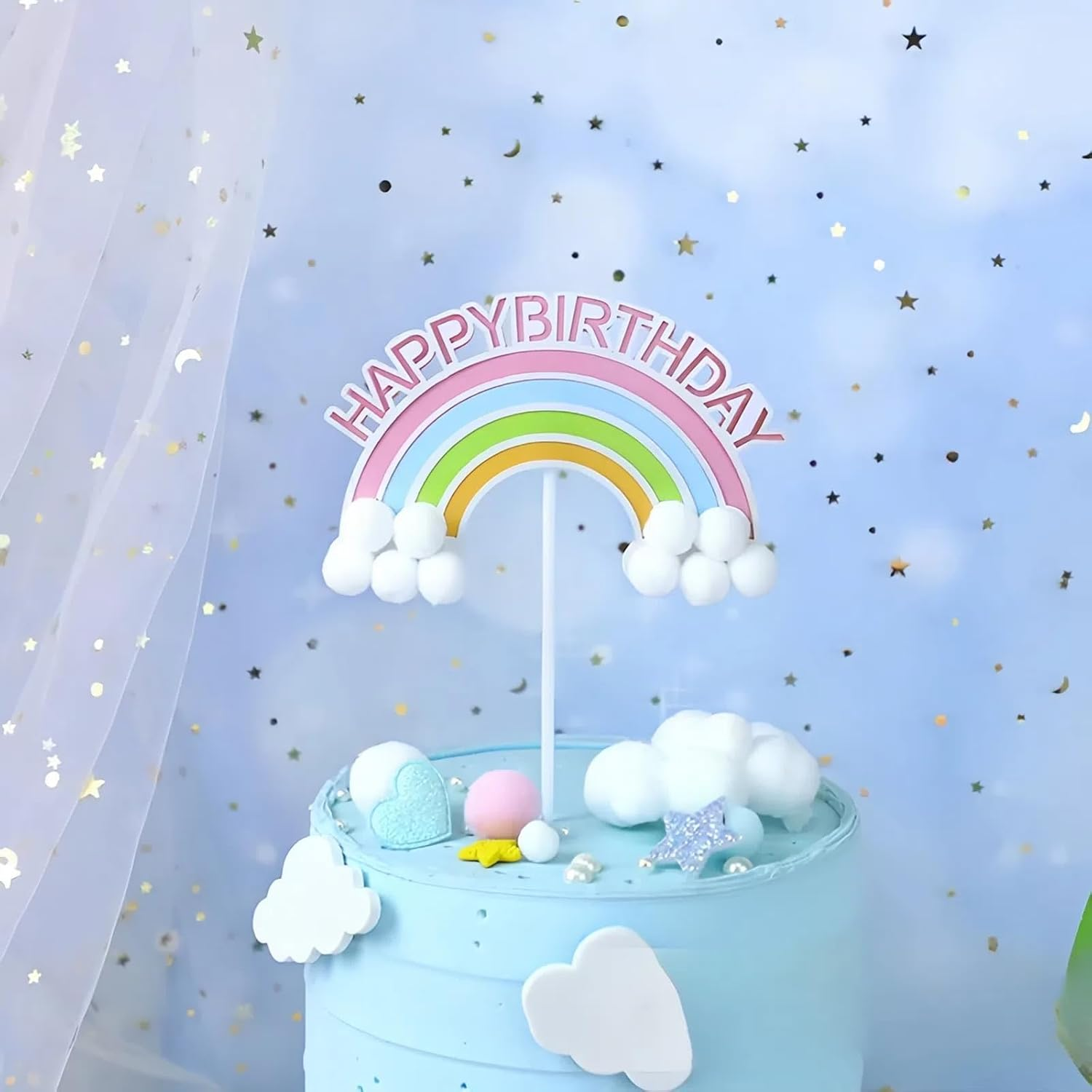 Hannafires (22PCS) 2 Rainbow Pom Pom Cake Toppers & 20 3D Pink & Yellow Balloon Decorations &ndash; Heart-Shaped Cake Picks for Baby, Little Princess Birthday Parties & Baking image number 2