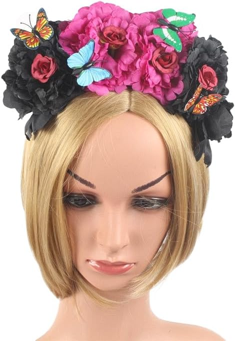 Aoozleny Mexican Flower Crowns Headband, Headpiece for Halloween Festival Party (Red-Black) image number 5