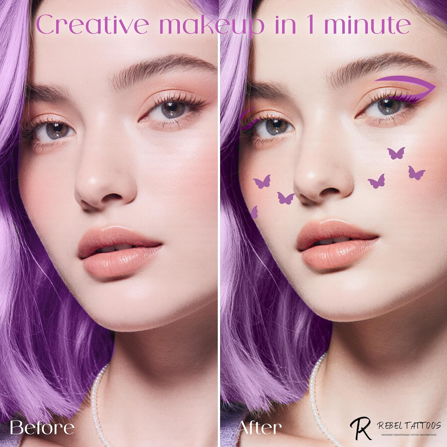 Rebel Tattoos 2-In-1 Eyeliner Stamp, Pigmented Intense Black Formula, Smudge-Budge Proof, Sweatproof, 24 Hour Stay Eyeliner Stamp (Purple Butterfy) image number 2