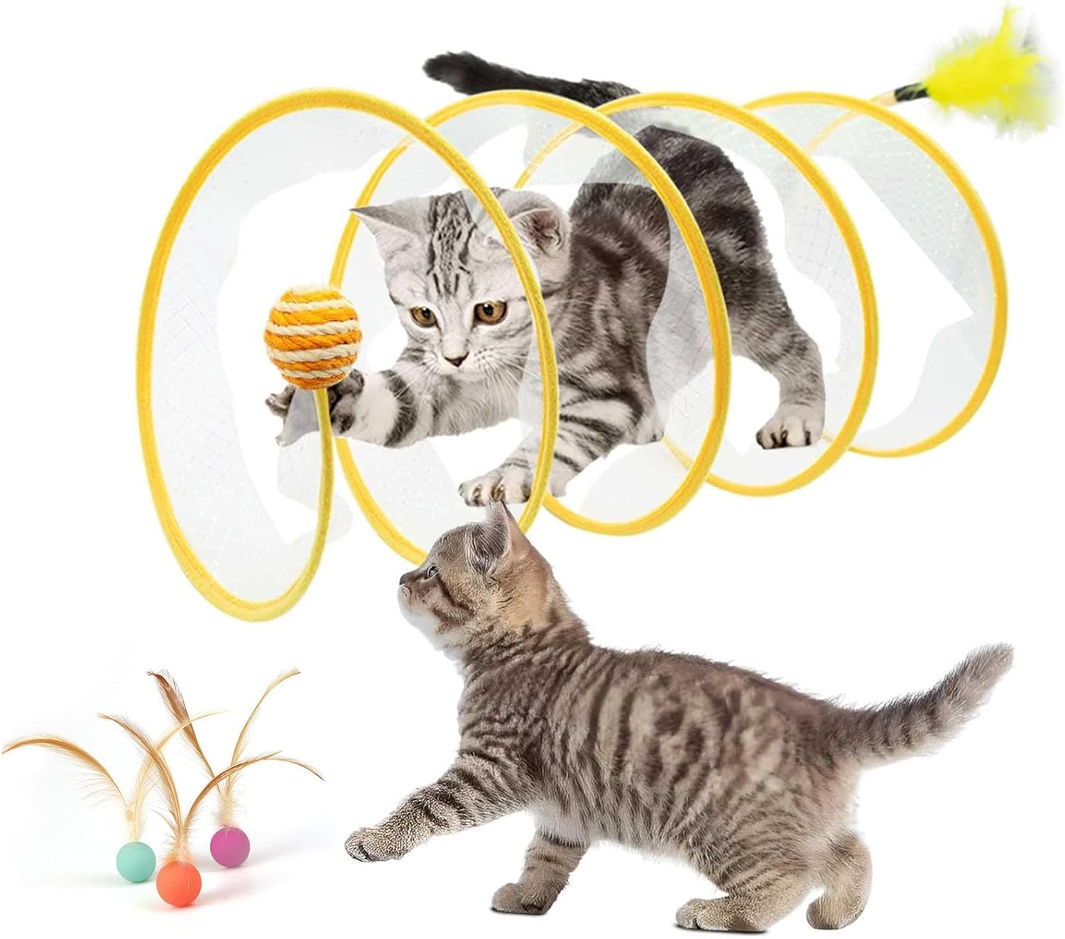1 Pack Folded Cat Tunnel and Cat Balls Toy with Feathers,Cat Toys Tunnels for Indoor Cats,Cat Toys Bouncy Balls for Indoor Interactive Cats Soft Kitten Toys image number 3