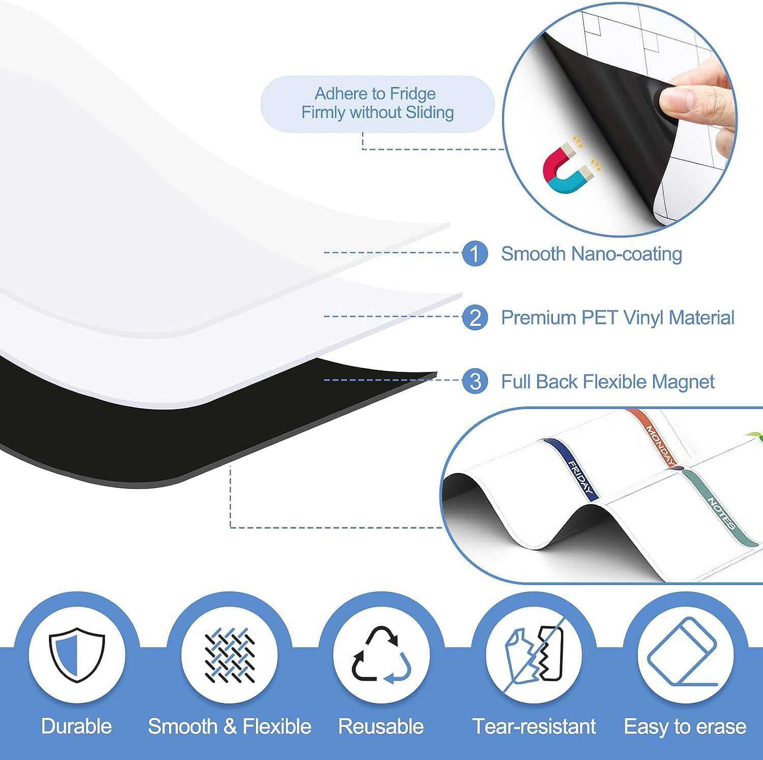 3Pcs Magnetic Dry Erase Calendar for Refrigerator - Daily, Weekly and Monthly Whiteboard Calendar for Fridge, No Stains or Ghosts - White Board Planner, 6 Magnetic Dry Erase Markers and Large Eraser - White image number 4