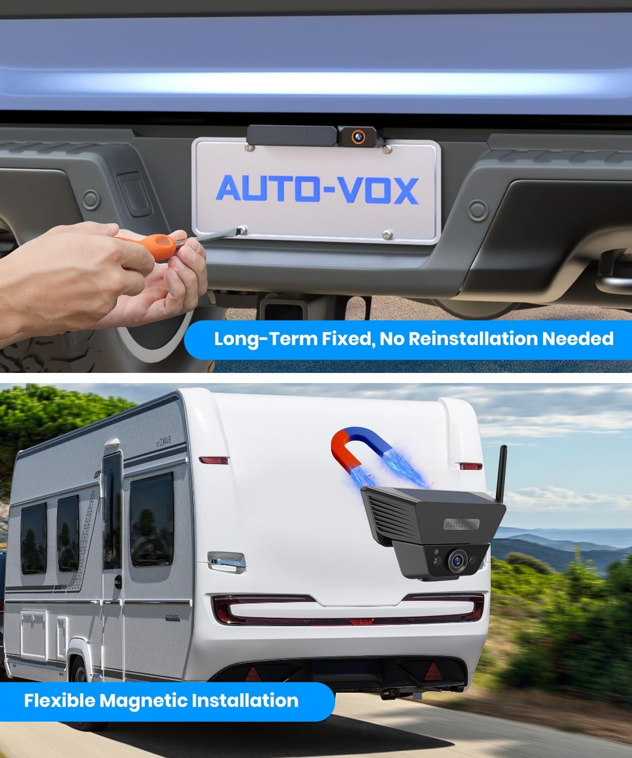 AUTO-VOX 2 Solar Wireless Backup Camera System: 7.2&rdquo; 1080P HD Monitor, 3-Min Quick Installation for Wider Rear & Trailer View, IP69K Waterproof Back up Camera for Truck, RV, Camper, Horse/Boat Trailer image number 3