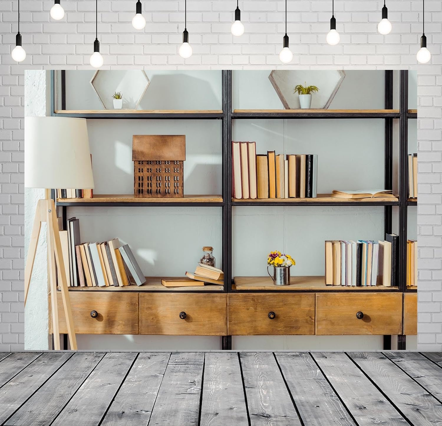 BELECO 9X6Ft Fabric Living Room Bookshelf Backdrop Empty Room with Bookcase, Zoom Calls Video Recording Background Home Office Decor Zoom Meetings Photo Studio Props image number 6