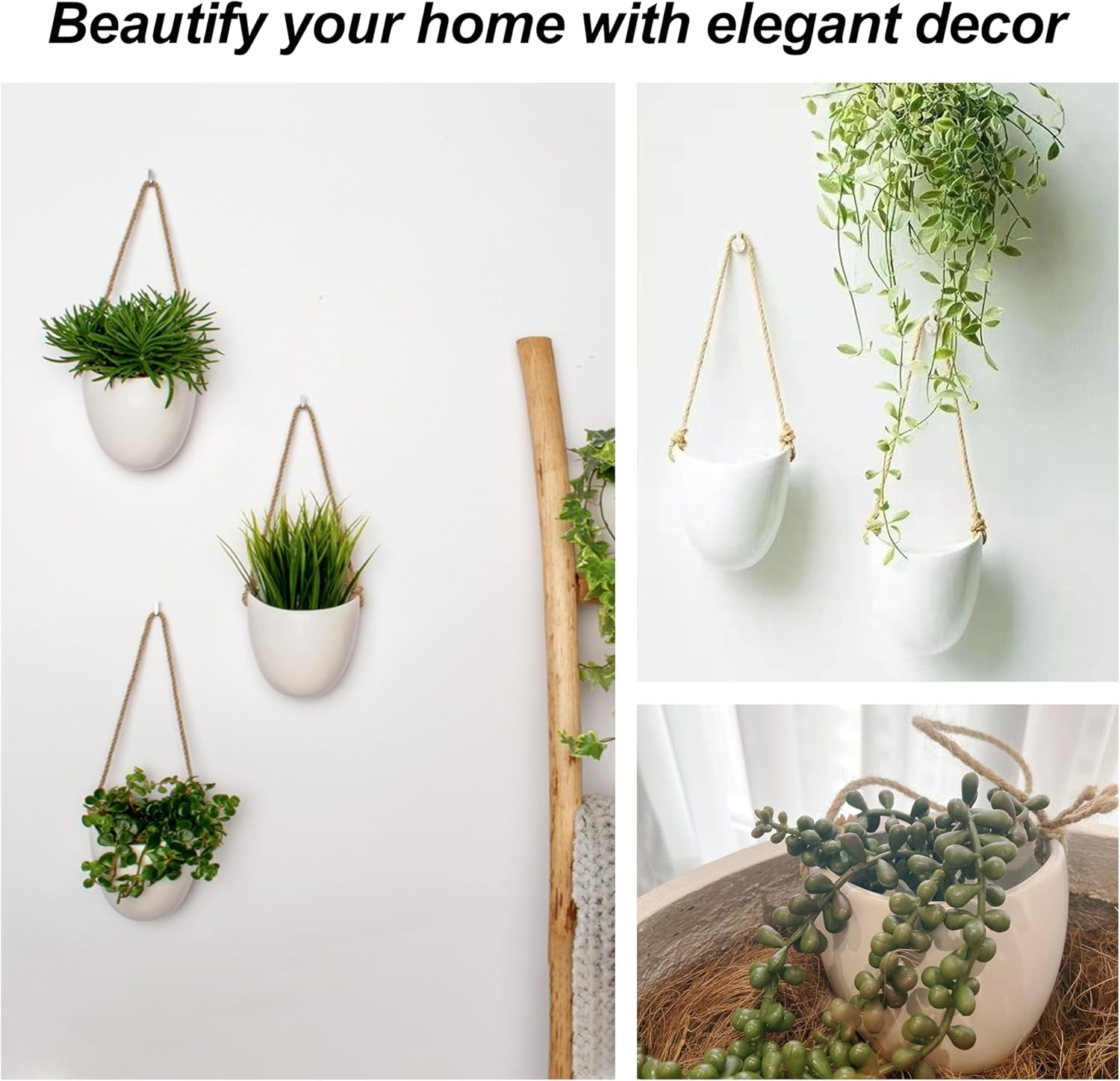 ONEIN Wall Planters Hanging Ceramic Plant Pots 2 Pieces, Hanging Planter Wall Decoration for Indoors, Balcony and Garden - White (Matte) image number 6