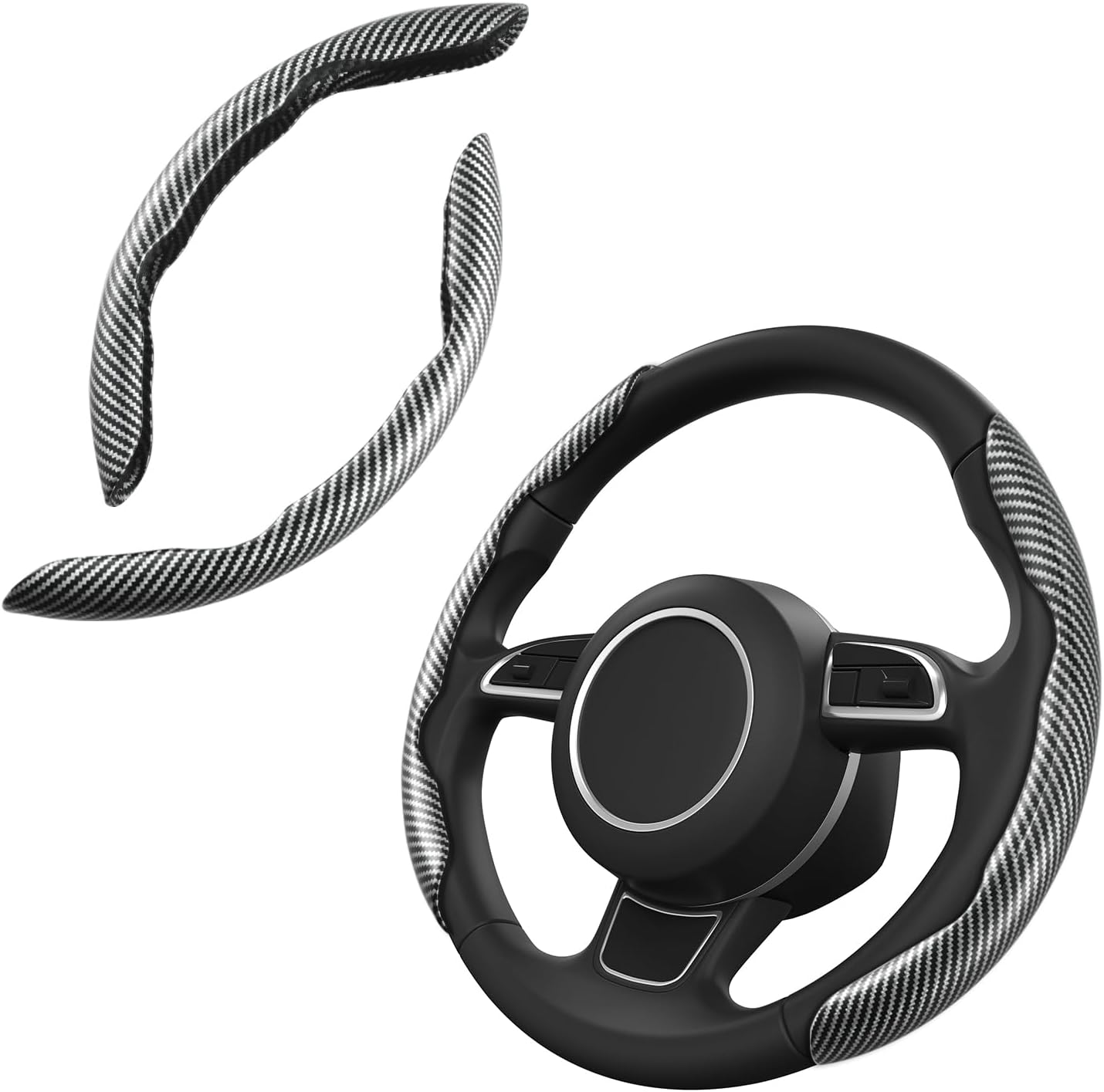 Carbon Fiber Steering Wheel Cover, Snap on Car Steering Wheel Cover Set Accessories Wrap Grip Non Slip Protector Universal (Laser Carbon Silver)