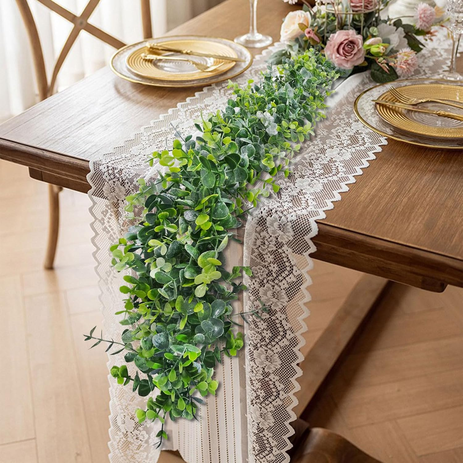 SOVYOULIVE Eucalyptus Garlands for Table, 4 Packs 5.8FT Long Fake Greenery Vines, Artificial Hanging Plant for Wedding Bouquet Party Indoor Outdoor Decor image number 1