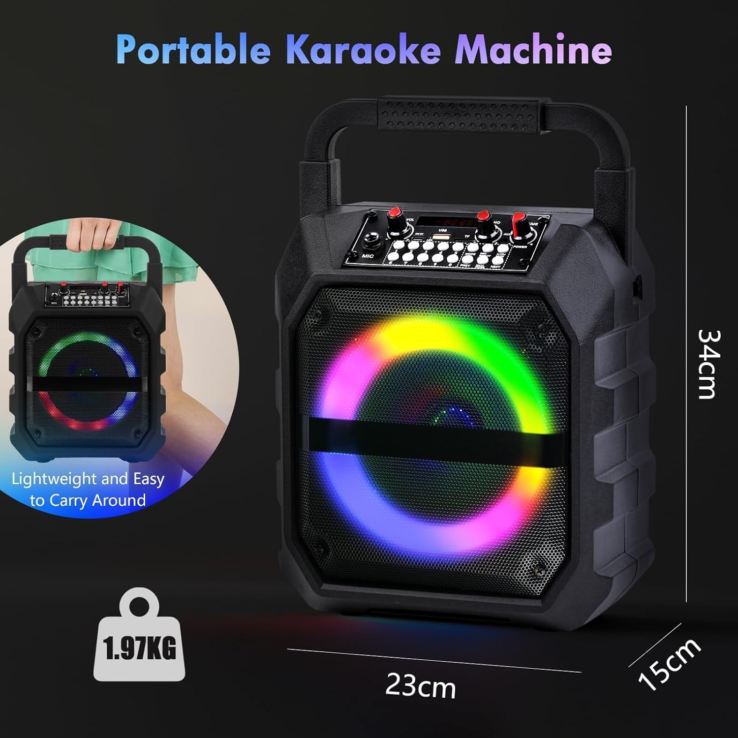 Karaoke Machine,Potable Bluetooth Stero Speaker, Singing Machine with 2 Wireless Microphones LED Lights for Home Party Meeting Adults Kids Supports USB/TF/AUX/REC/FM image number 6