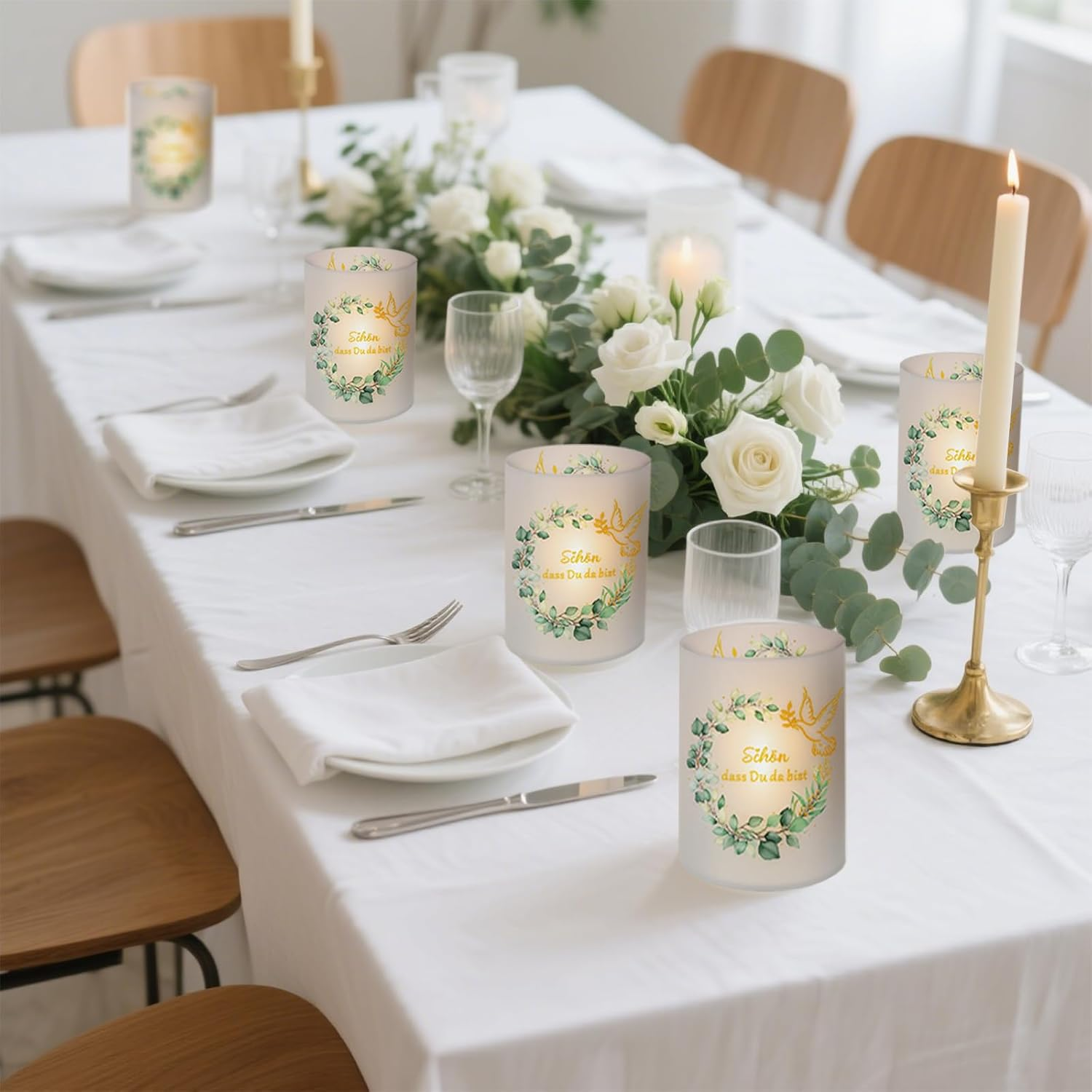 Pack of 12 Tea Lights Table Decoration, Sch&ouml;n DASS Du Da Bist Decorative Christening Lantern, Christening Eucalyptus Tea Light Glasses, Table Decoration Green for Birthday Confirmation Party Favours image number 6