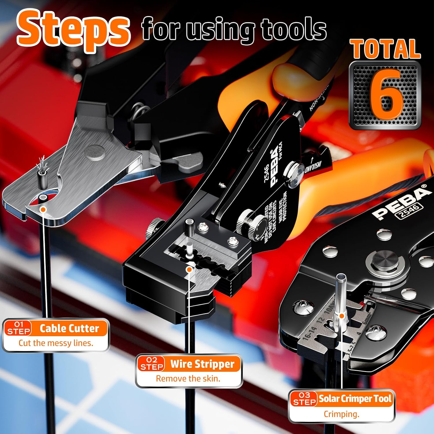 PEBA Solar Crimping Tool Set for 1.5-6.0 Mm&sup2; Solar Panel PV Cable, Incl. Cable Plug, Wire Stripper, Cable Cutter, Wrench for Solar Plug and Top Tool Box image number 6