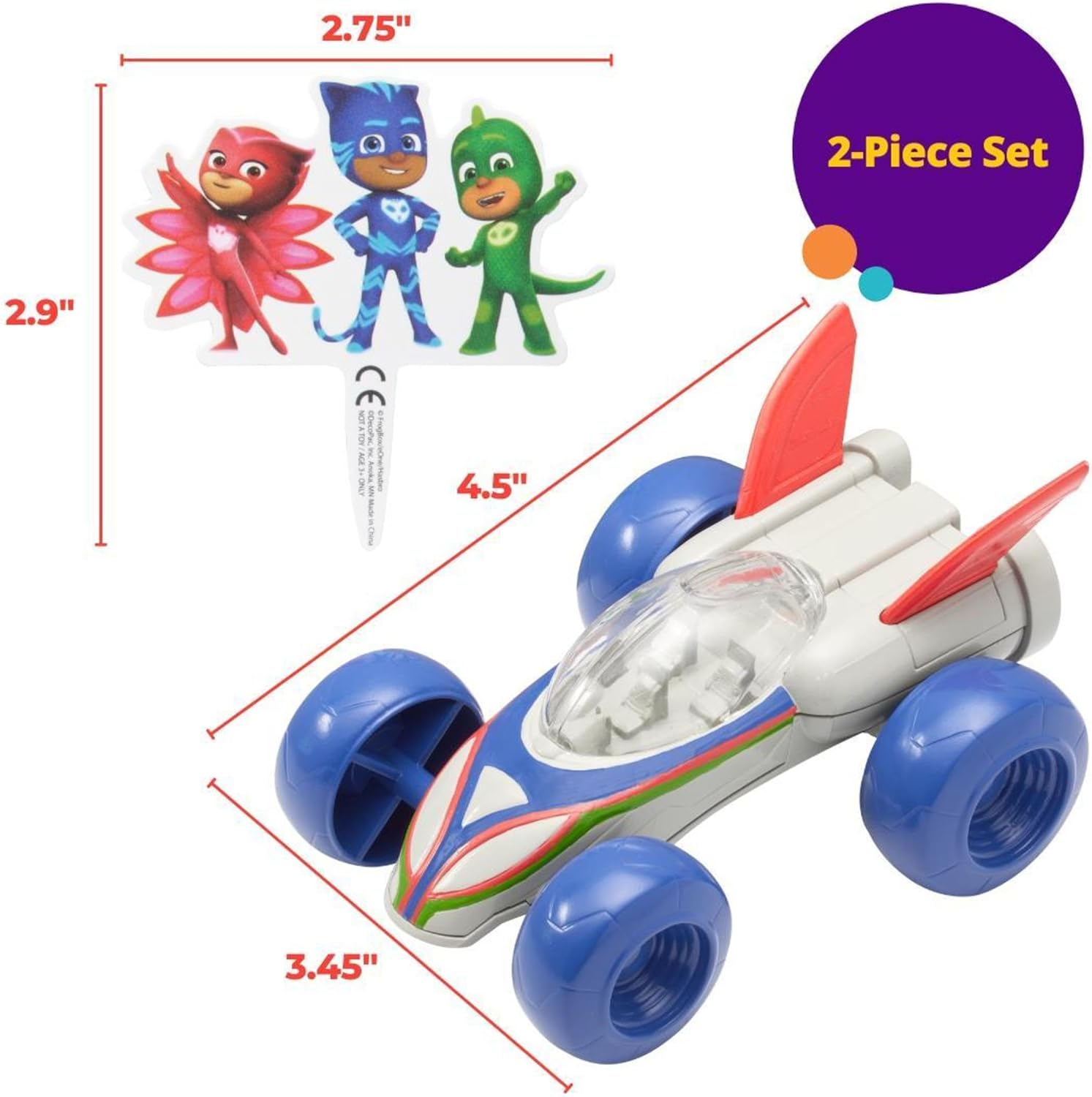 Decoset&reg; PJ Masks save the Day Cake Topper, 2 Piece Cake Decoration with Free-Wheeling Car and Catboy, Owlette, and Gekko Pic | for Birthday, Parties, Celebration image number 2