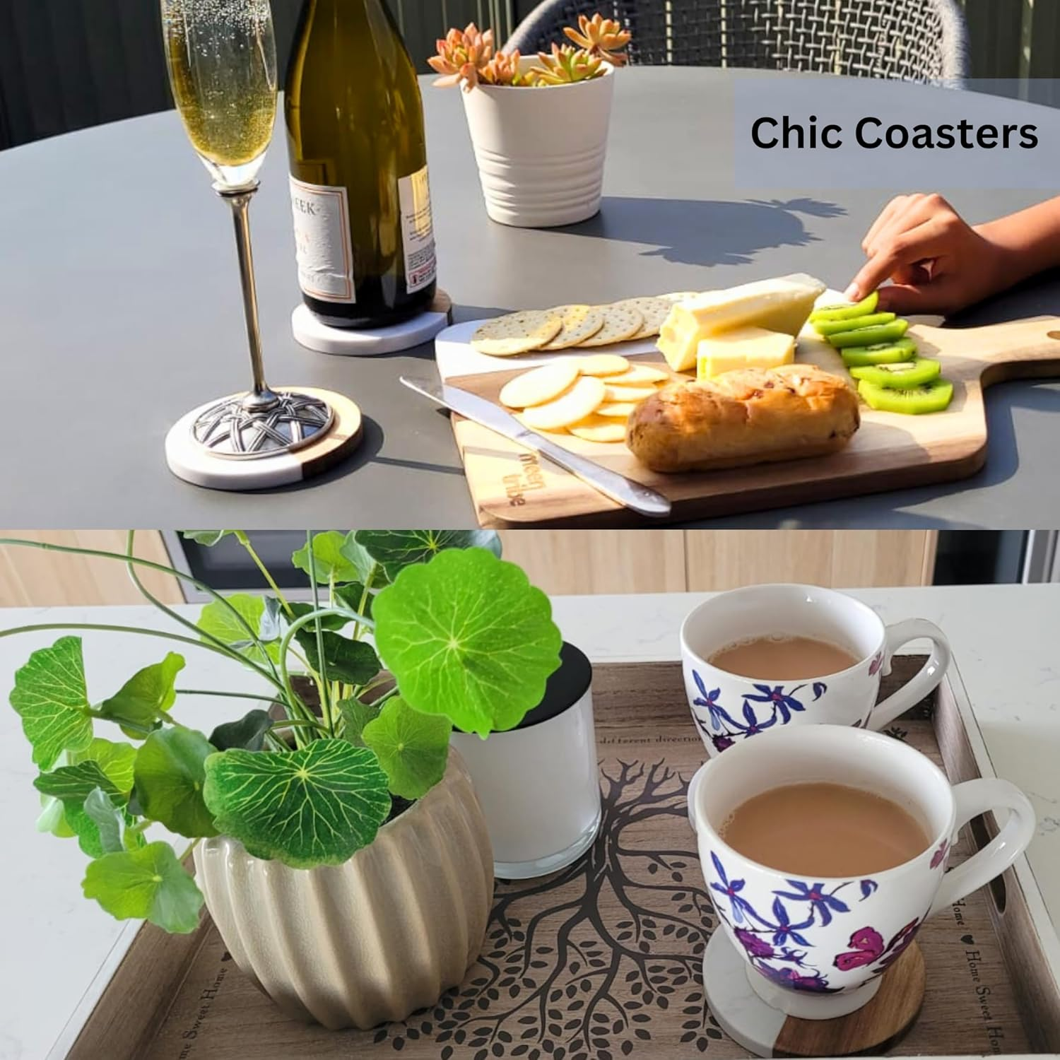 Acacia Wood and Marble Coaster Set of 4 for Coffee Table Decor, Dining Table, Office - Wooden Tabletop Coasters -Premium Drink Coasters for Kitchen, Restaurant, Bar, Caf&eacute; and Christmas Gifting image number 6