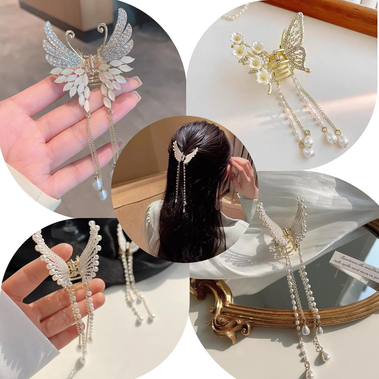 Ypkia Butterfly Hair Clip Small Gold Metal with Fringe Hair Clips Women'S Pearls Rhinestone Elegant Hair Accessory for Women and Girls (Pack of 3) image number 4