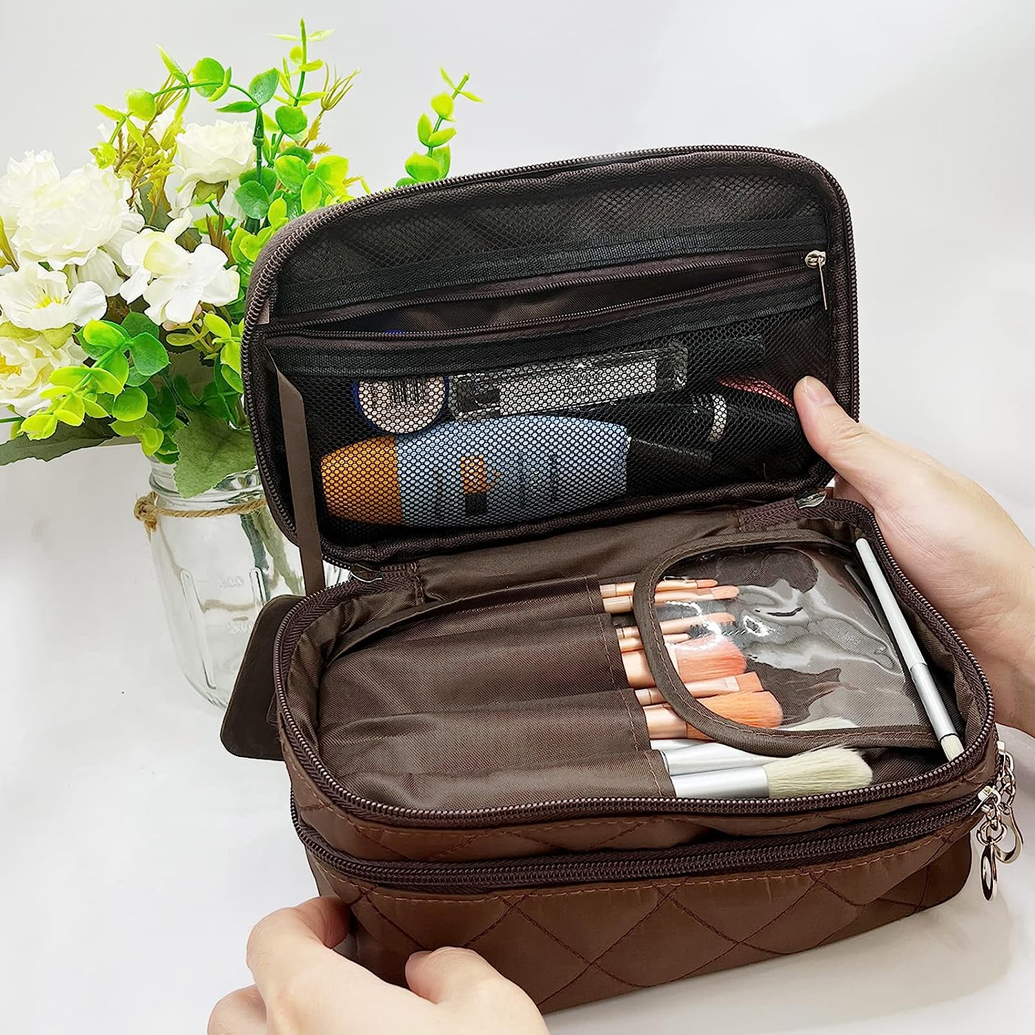 2 Layer Makeup Bag Organizer, Portable Travel Toiletry Bag, Large Capacity Make up Bag with Brush Compartment and Makeup Mirror, Multifunctional Cosmetic Bags for Women Travel Cosmetic Storage image number 2