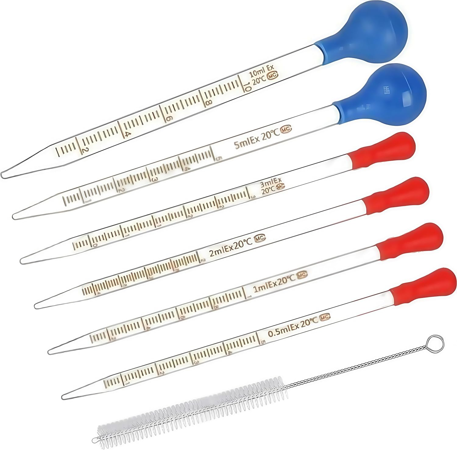 6 Pcs Glass Pipettes Graduated Dropper Kit,0.5Ml /1Ml/ 2Ml/ 3Ml /5Ml /10Ml Thick Glass Dropper Scale Pipette,With 6 Rubber Caps and 2 Pcs Droppers Brush,Used to Transfer Liquids image number 1