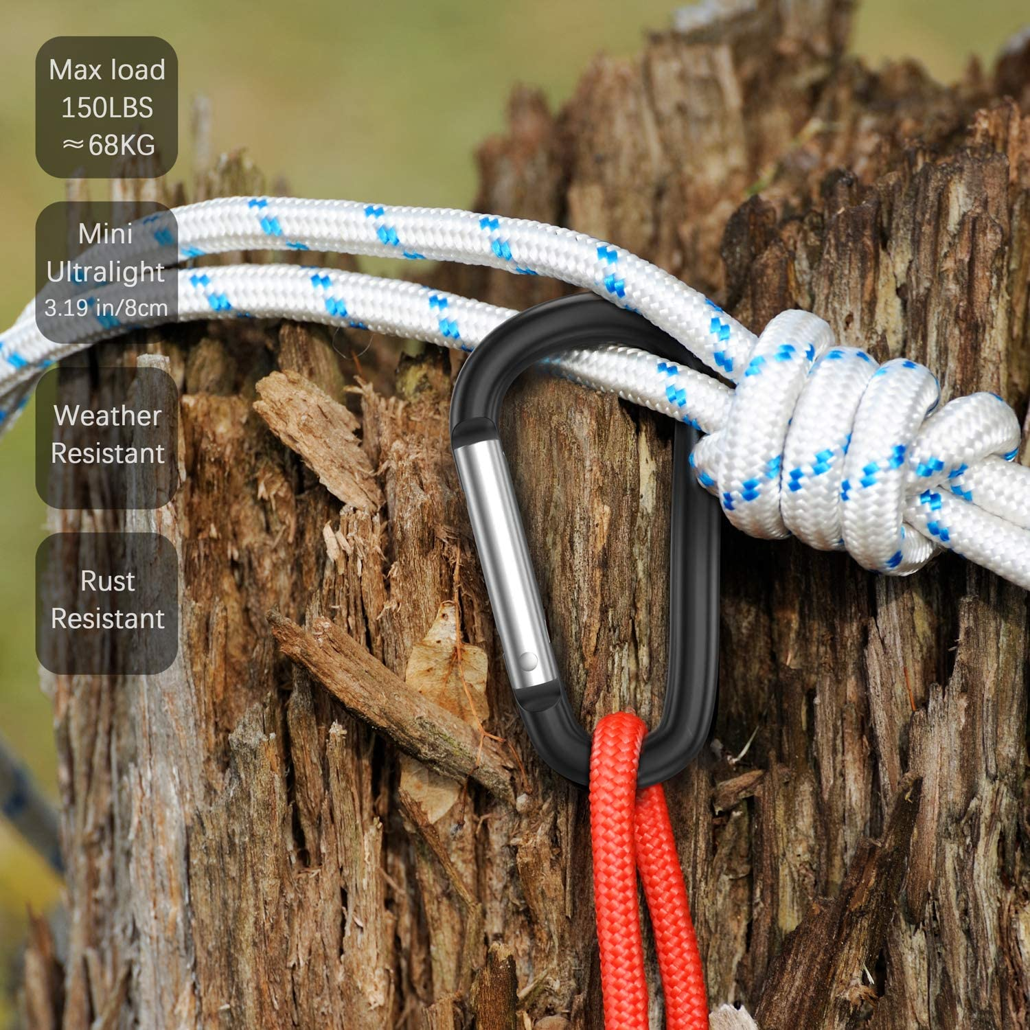 Sprookber 3" Aluminum Carabiner D Ring, Caribeener Clips, Spring Snap Hook for Keychain Clip, Set of 10 (Black)