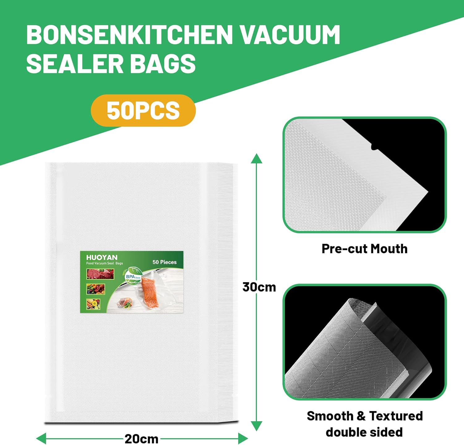 50Pcs Vacuum Sealer Bags for Food 20X30Cm Vacuum Seal Freezer Bags Pre-Cut Commercial Grade Vac Seal Meal Bags for Food Saver Storage, Meal Prep or Sous Vide image number 6