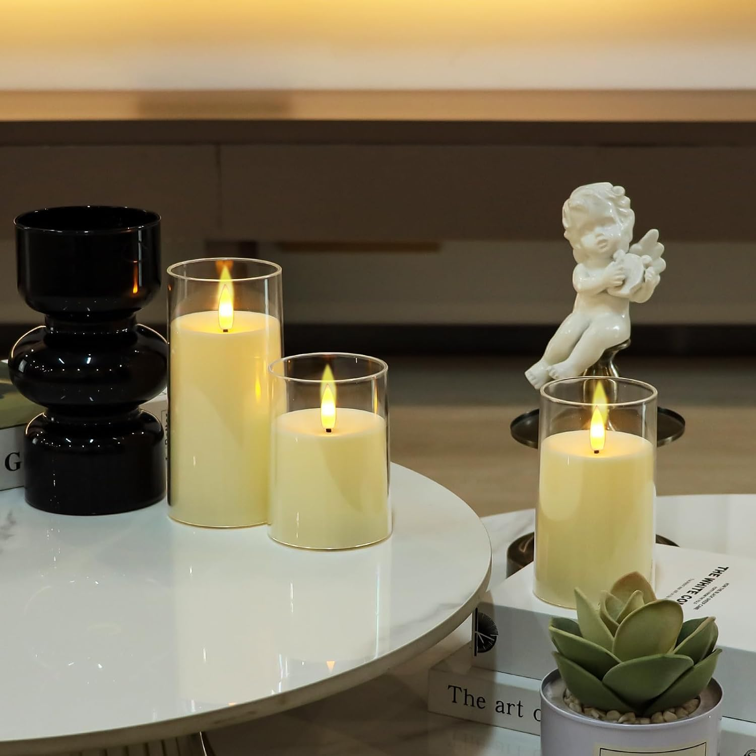 Clear Glass Flameless Candles Battery Operated with Timer, Remote Control, LED Pillar Candles Battery Powered, D3 H4 5" 6", Set of 3 (Ivory White) image number 6