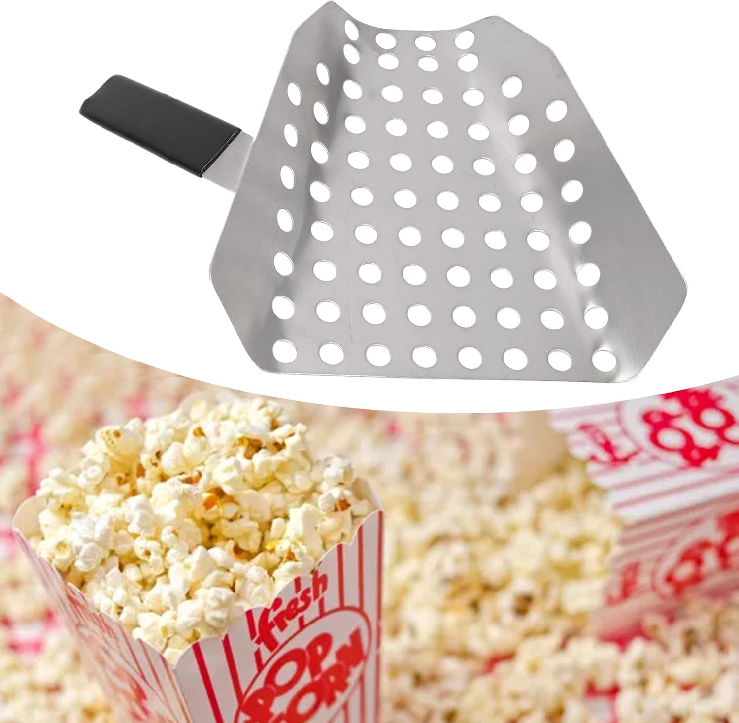 Popcorn Scoop, Stainless Steel French Fry Scooper Scoop with Holes, Quick Fill Tool for Bags & Boxes, Commercial Fry Bagger Scooper for French Fries, Snacks, Ice, Right Handle image number 1