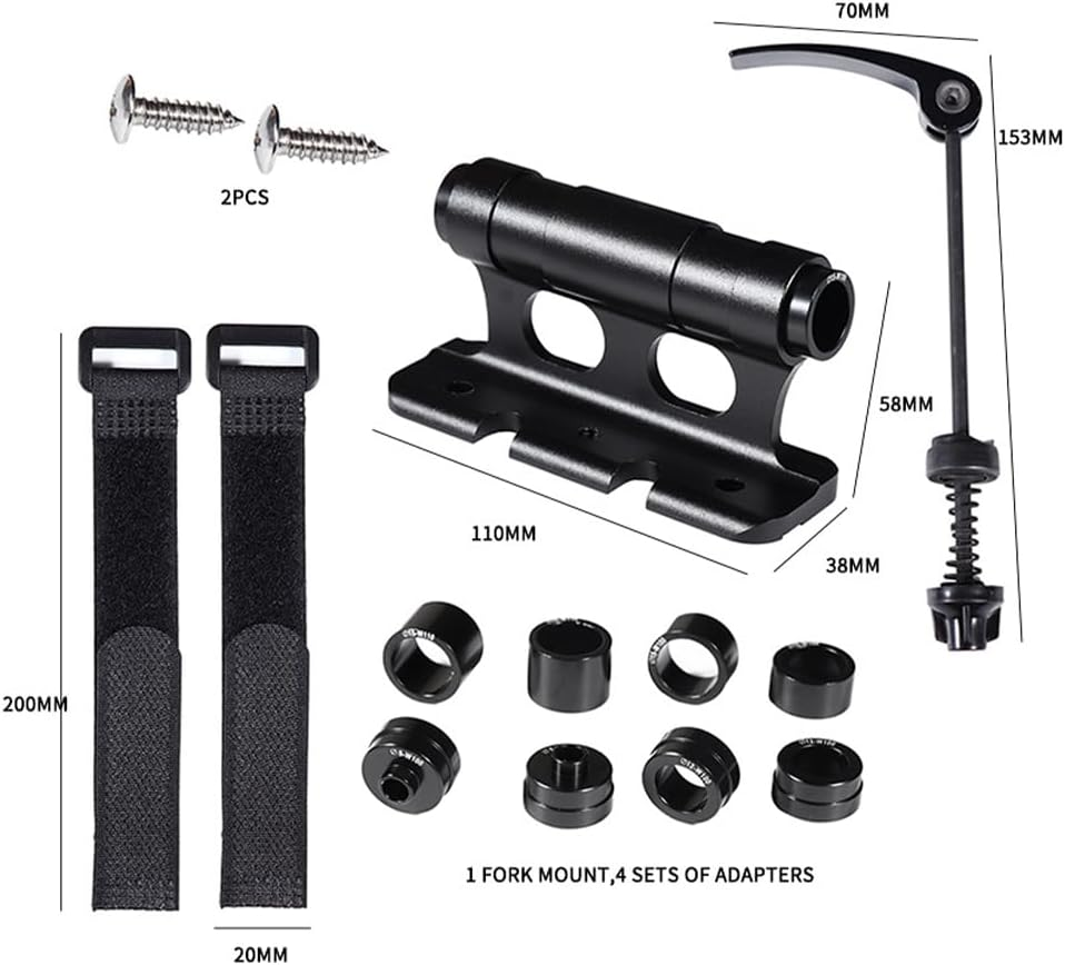 Bike Fork Mount, Bike Fork Mount Block Bicycle Front Fork Versatile Aluminum Alloy Fixed Clip Bikes Rack Stand for Cycling Trailer Traveling with Adapters, Screws, Straps, Black image number 6