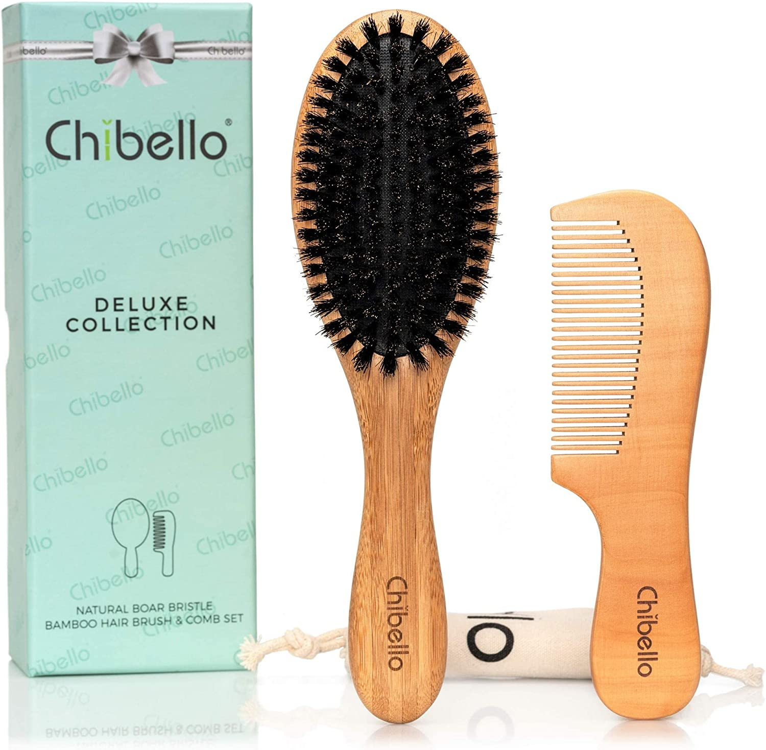 Chibello Boar Bristle Hair Brush Set - Designed for Kids, Women and Men. Natural Soft Bristle Brushes Work Best for Thin and Fine Hair. Wood Wet Detangler Comb image number 5