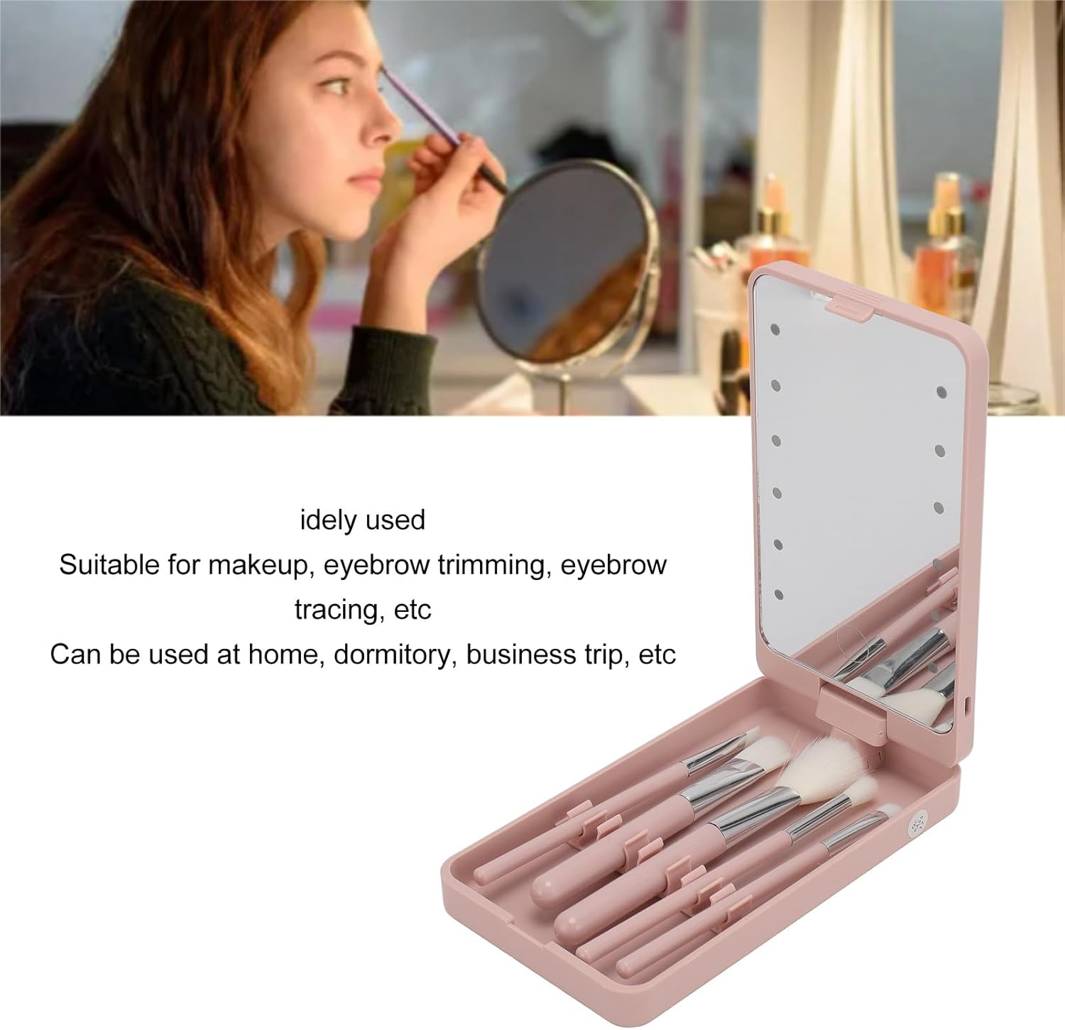 Travel Makeup Brush Set with LED Light Mirror, Cosmetic Makeup Brushes Kit with Holder Case and Mirror, Cosmetic Brushes Kit with Rotatable Foldable LED Mirror for Home Dormitory