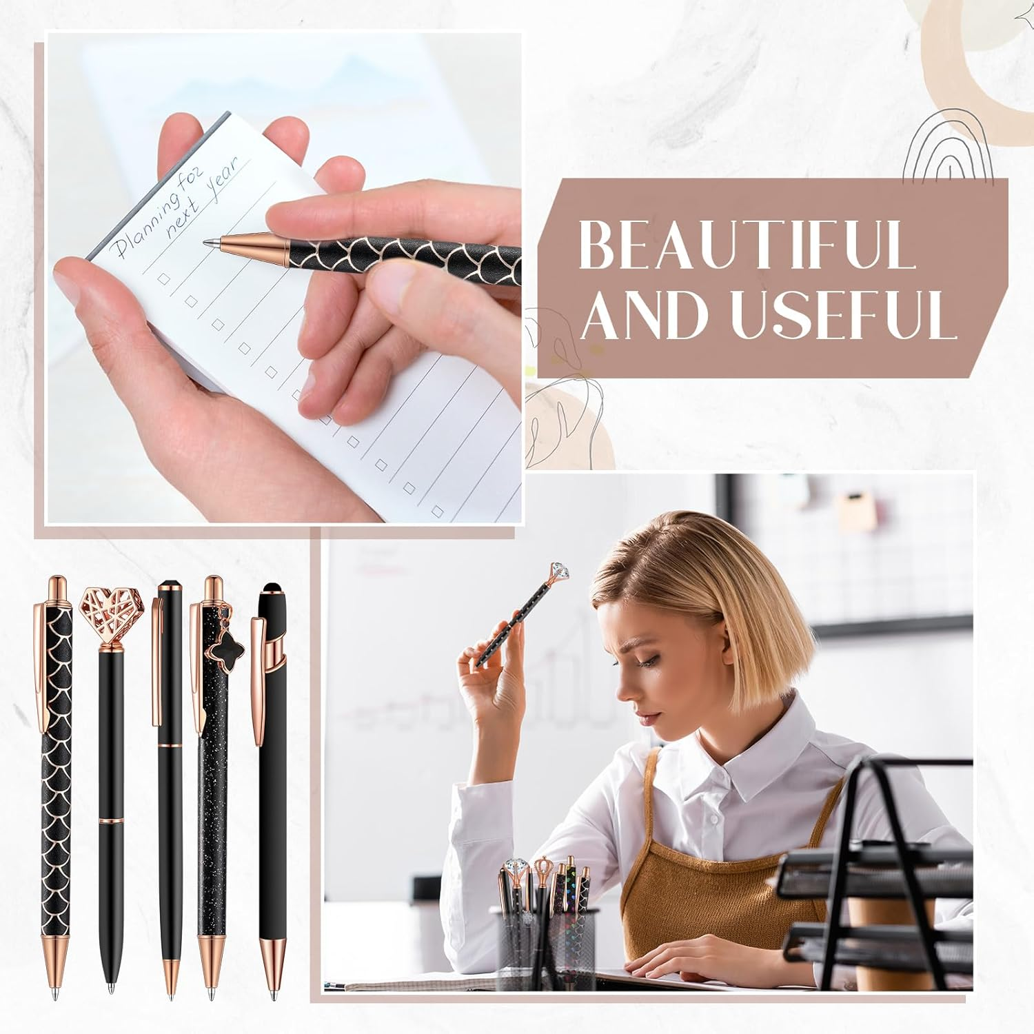 Janmini 9 Pcs Ballpoint Pens Set Metal Crystal Diamond Pen Liquid Sand Glitter for Journaling Black Ink Pretty Cute Fancy Gifts Women Girls School Wedding Office Desk Supplies (Black) - Brown image number 2