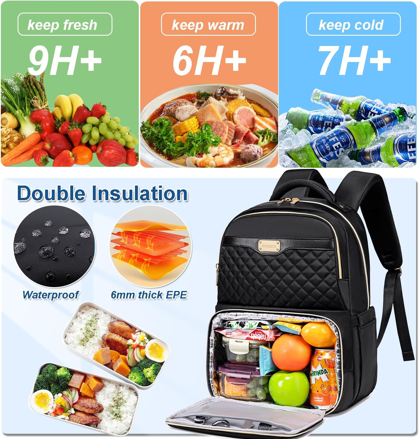 Weitars Lunch Backpack, Insulated Cooler Backpack 15.6 Inch Laptop Backpack for Women Men,Travel Backpack,Work Backpack