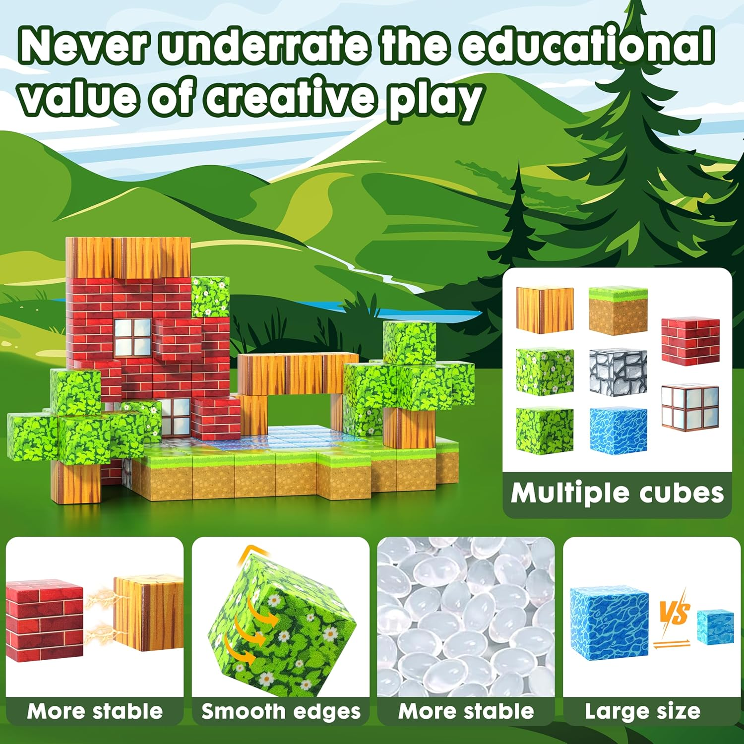 Magnetic Blocks,100Pcs Magnetic Tiles Forest Set for 3+ Year Old Boys & Girls,Build Mine Magworld Building Blocks,Magnetic Tiles 1" Building Blocks Toddler Toys STEM Sensory, Creative Kids Games Toys image number 4