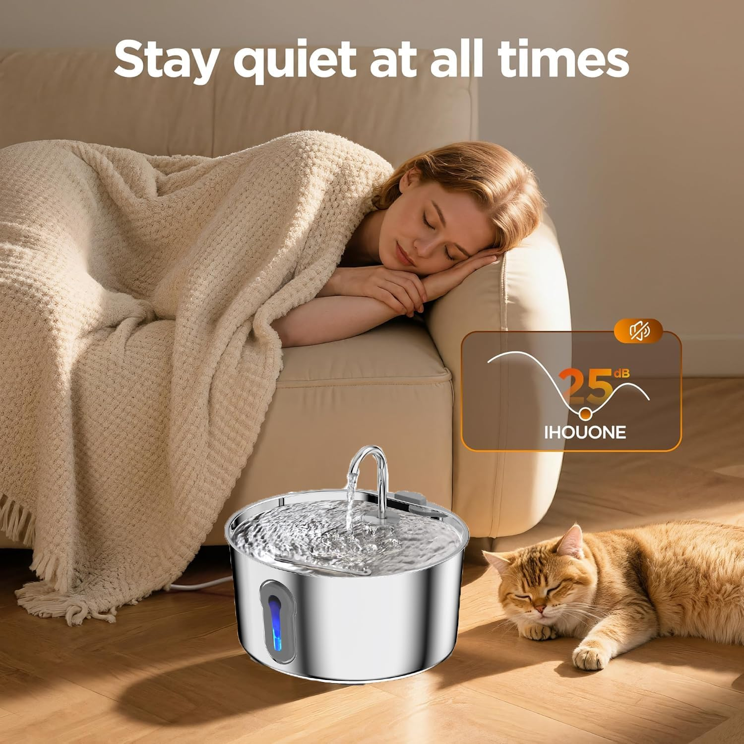 Cat Water Fountain Stainless Steel 4 L for Cats inside -Automatic Dog Watering Dispenser Bowl - Pet Feeding with LED Faucet Water Level Window Ultra Quiet Pump image number 5