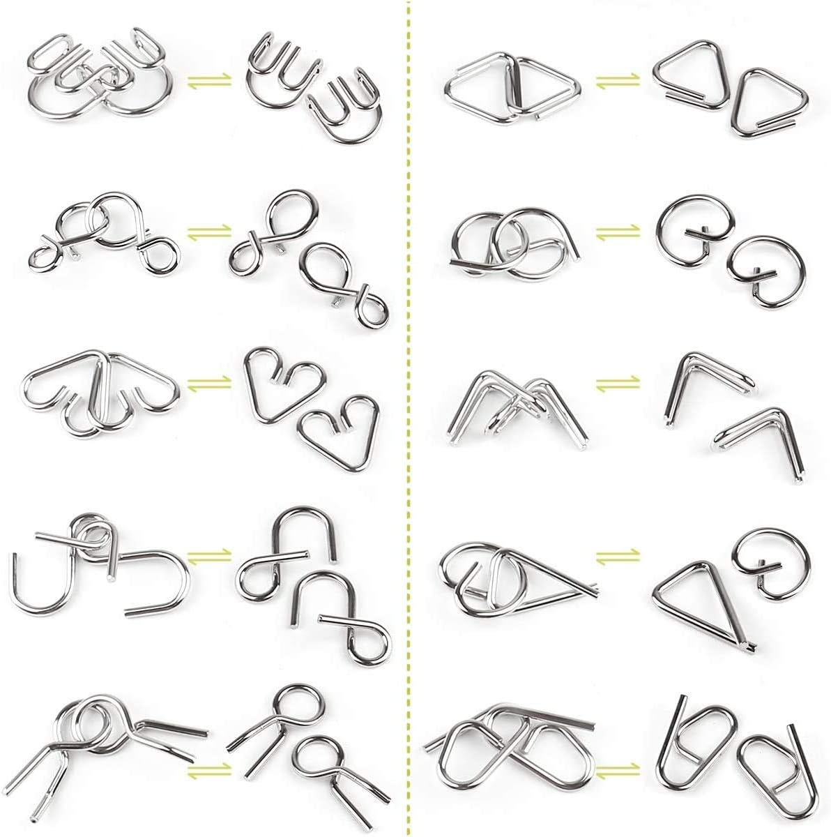 Brain Teasers Wooden and Metal Wire Puzzles 22Pcs Unlock Interlock 3D Brain Puzzle Games IQ Test Toys for Kids Adults