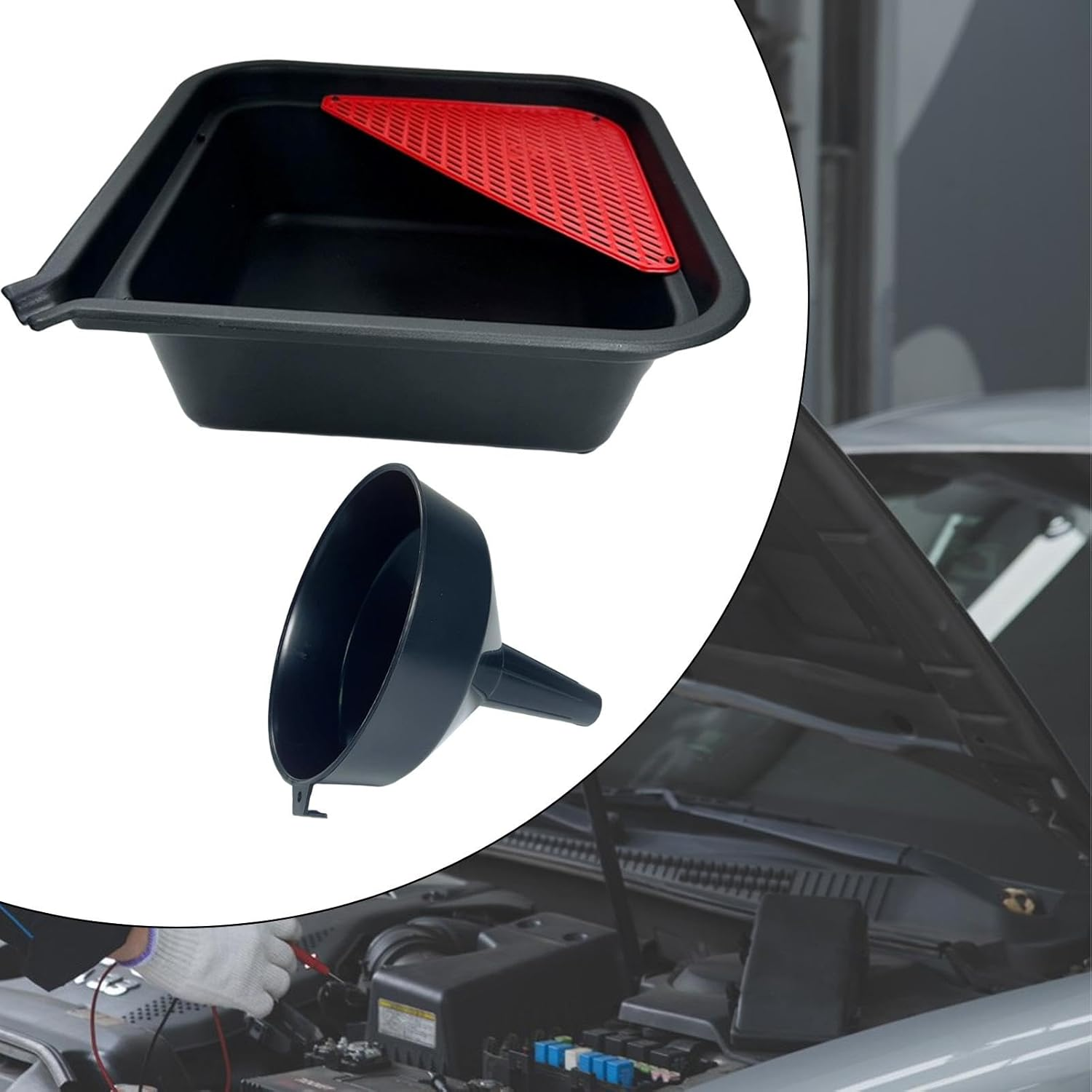 Mqetly 9 Liters Mechanic Car Oil Drain Pan and Funnel 14X14X5Inch Oil Change Tray for Cars, Motorcycles, Boats Versatile image number 1