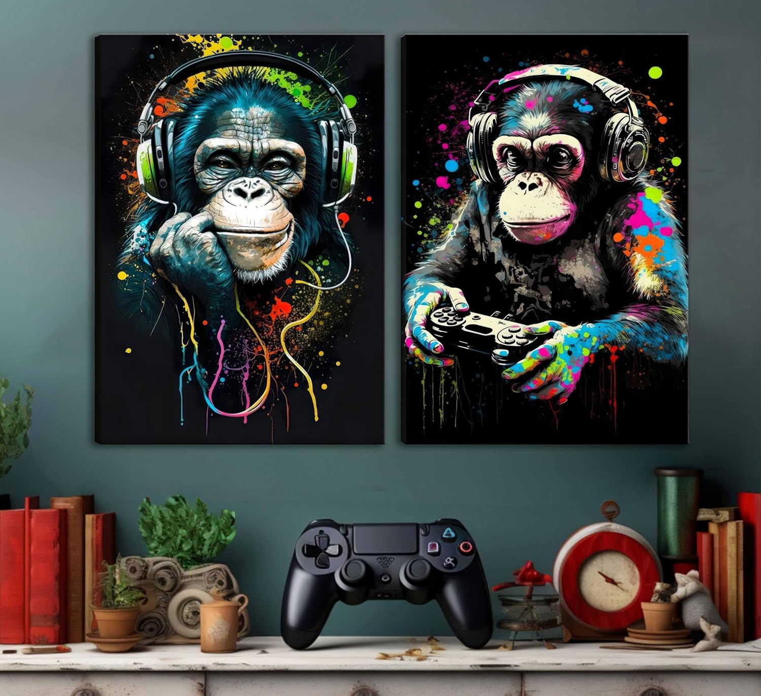 Graffiti Gaming Canvas Wall Art Game Room Decor Boys Gamer Controller Poster Animals Vintage Watercolor Cool Music Chimpanzee Pictures Painting Boys Teeny Room Kids Game for Room Bedroom Decoration image number 3