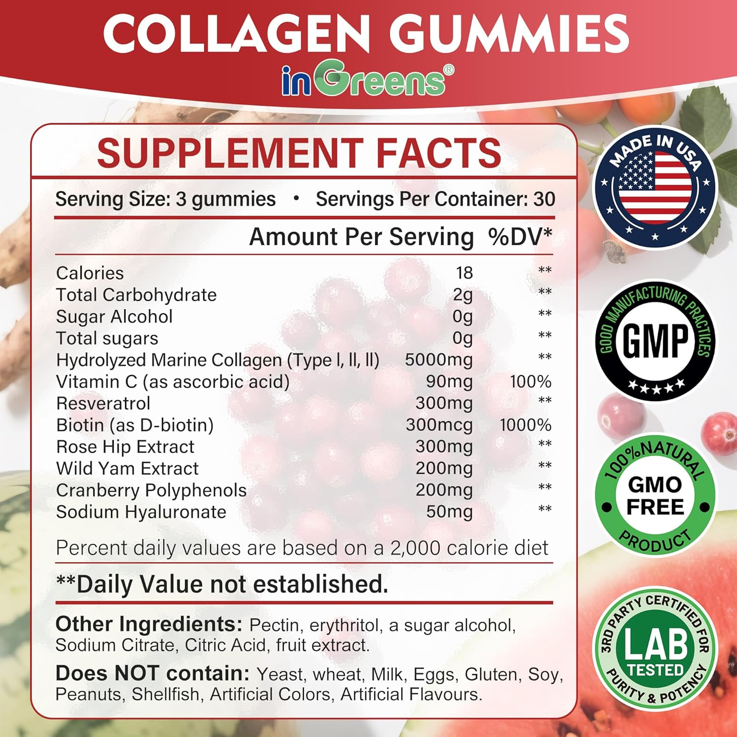 Collagen Gummies, 5000Mg Hydrolyzed Marine Collagen, Collagen Peptides Gummies for Women, Sugar Free, Type I, II, & III, Vitamin C, 90 Count image number 3