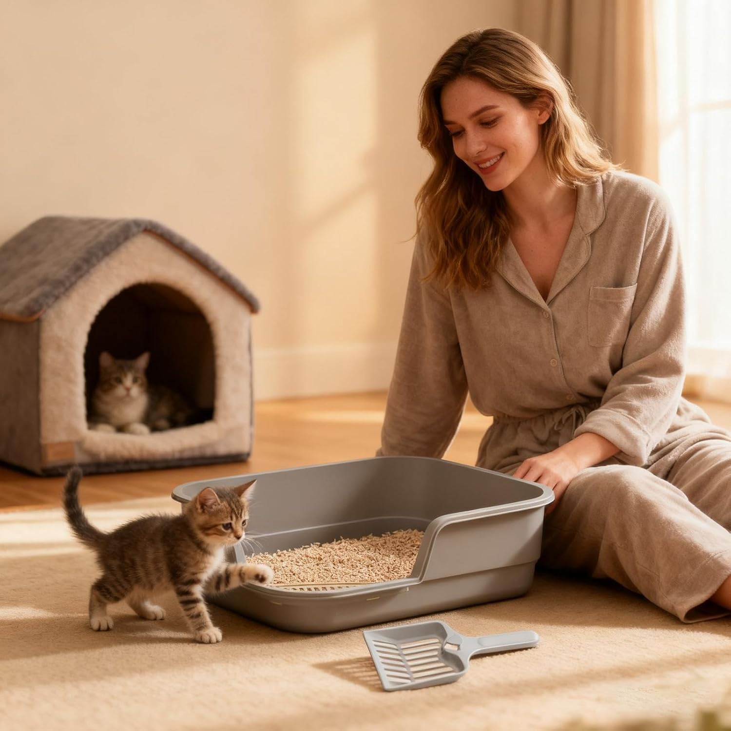 Cat Litter Box | Anti-Splash High Sides,Easy Clean Litter Box for Multi-Cats | for Cleaning Odor Control Indoor Office Dorm Apartment Household Hotel Farmhouse Living Room Balcony - White image number 2