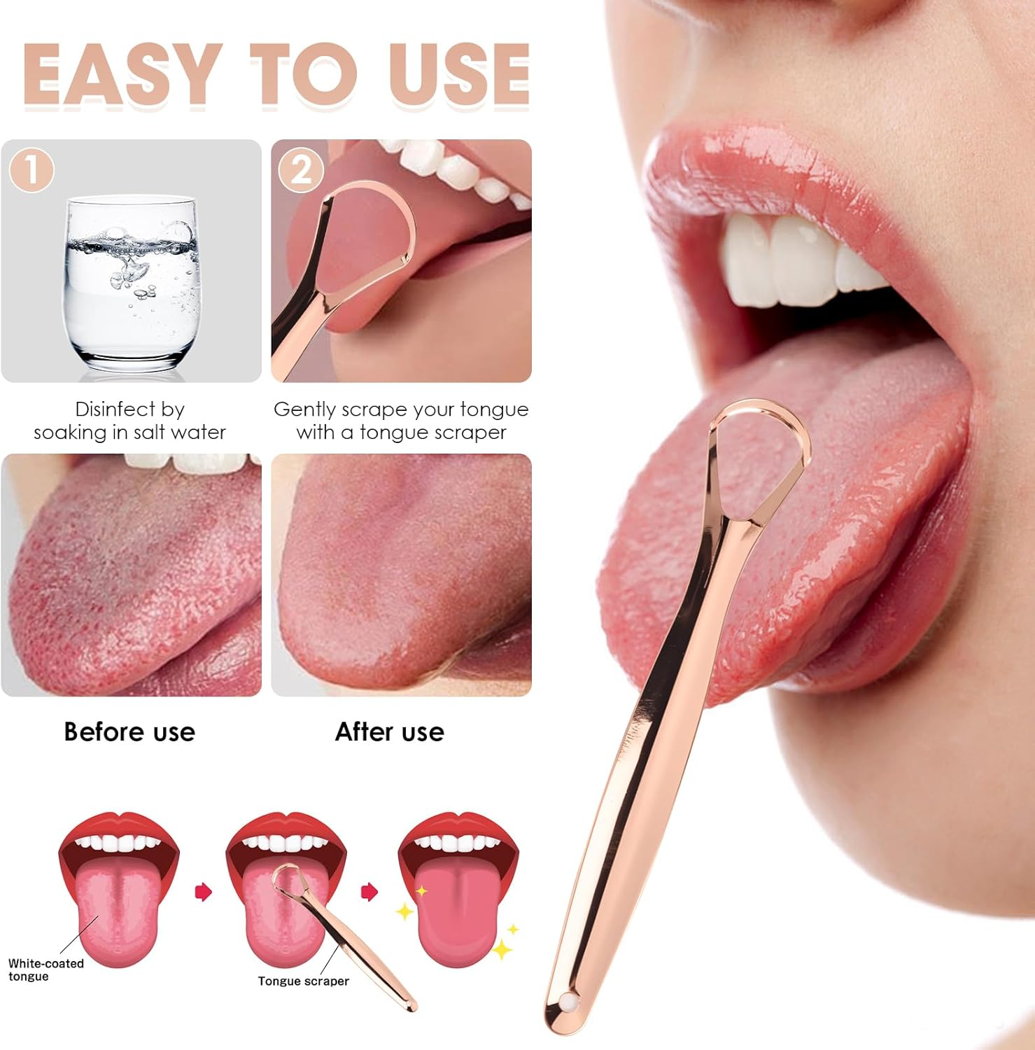 4Pcs Stainless Steel Tongue Scraper Set, Iron Box - Tongue Scraper & U-Shaped Tongue Cleaner, Oral Hygiene Products - Effective Tongue Raser for Fresh Breath, Healthier Smile Rose Gold image number 2